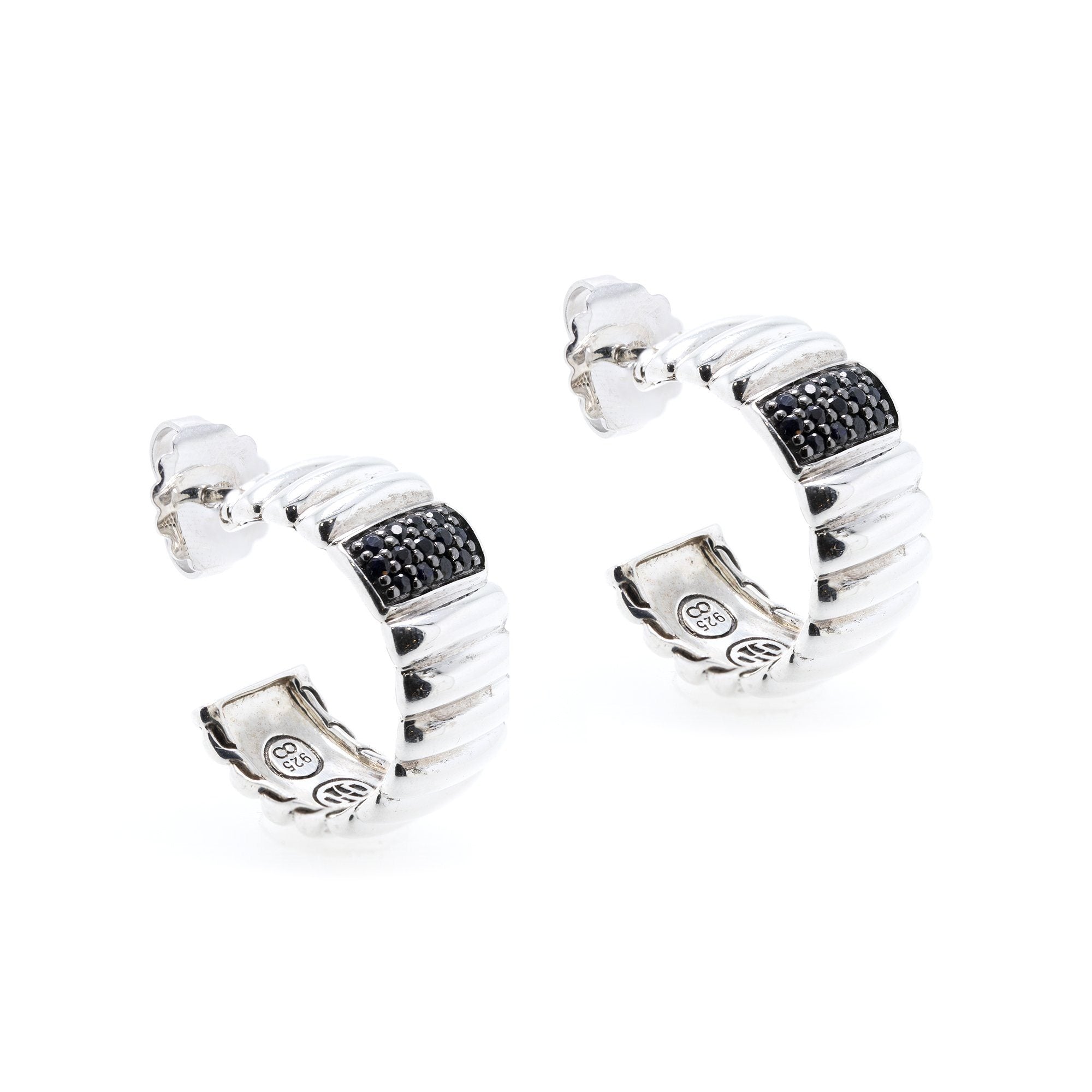 John Hardy Bedeg Wide Rippled Hoop Earrings with Black Sapphires
