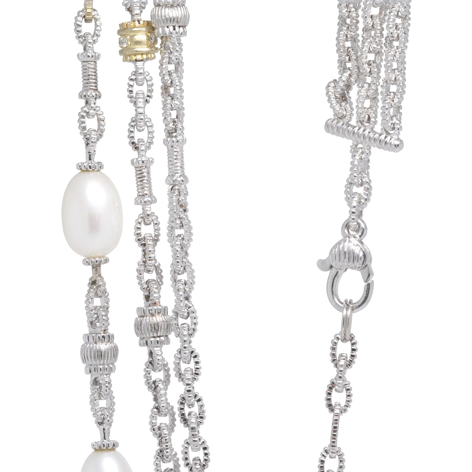 Judith Ripka Triple Strand Pearl and Diamond Station Necklace
