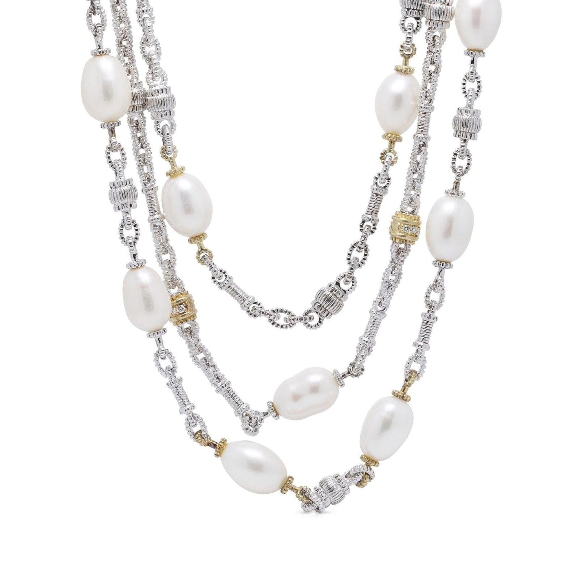 Judith Ripka Triple Strand Pearl and Diamond Station Necklace