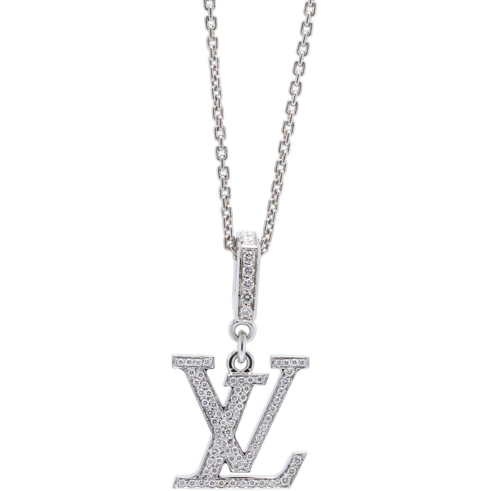 Louis Vuitton 18k White Gold Diamond Monogram Pendant Necklace w/ Box