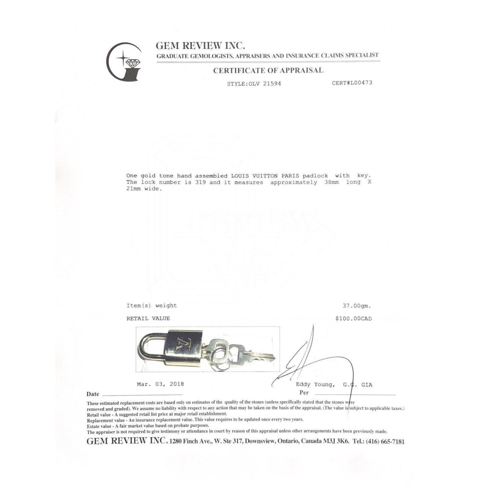 Louis Vuitton Gold Tone Lock & Keys