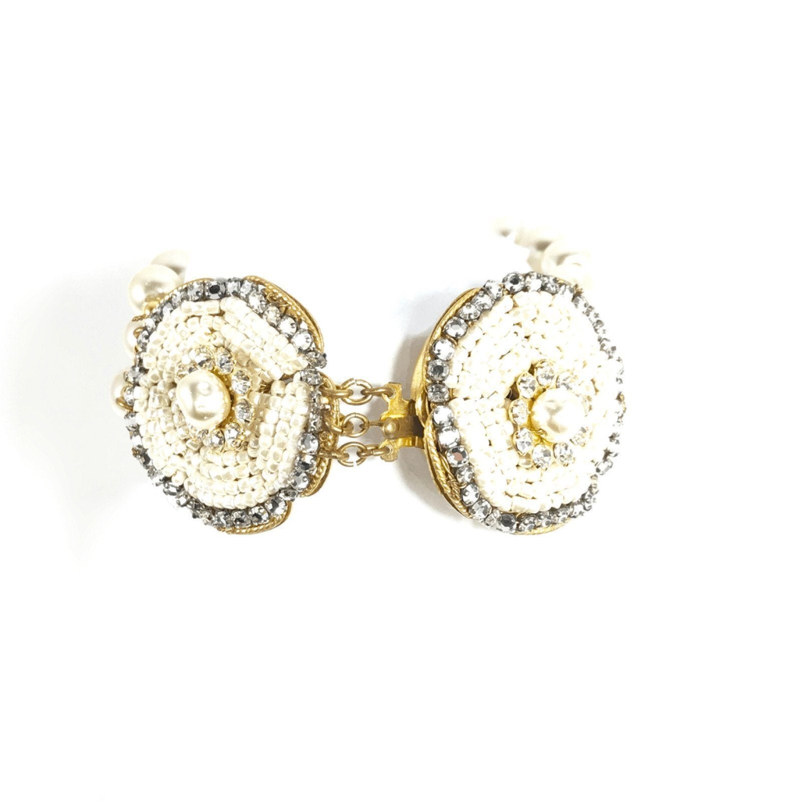 Miriam Haskell Three Row Faux Pearl and Crystal Signature Pansy Bracelet