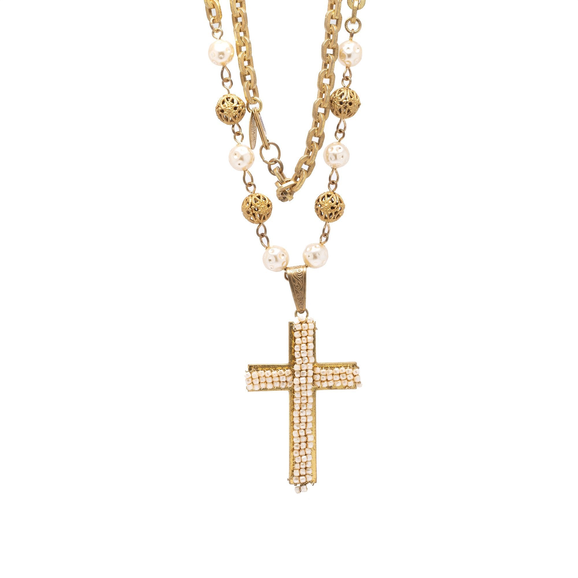 Miriam Haskell Vintage Antique Faux Pearl Cross Pendant Necklace
