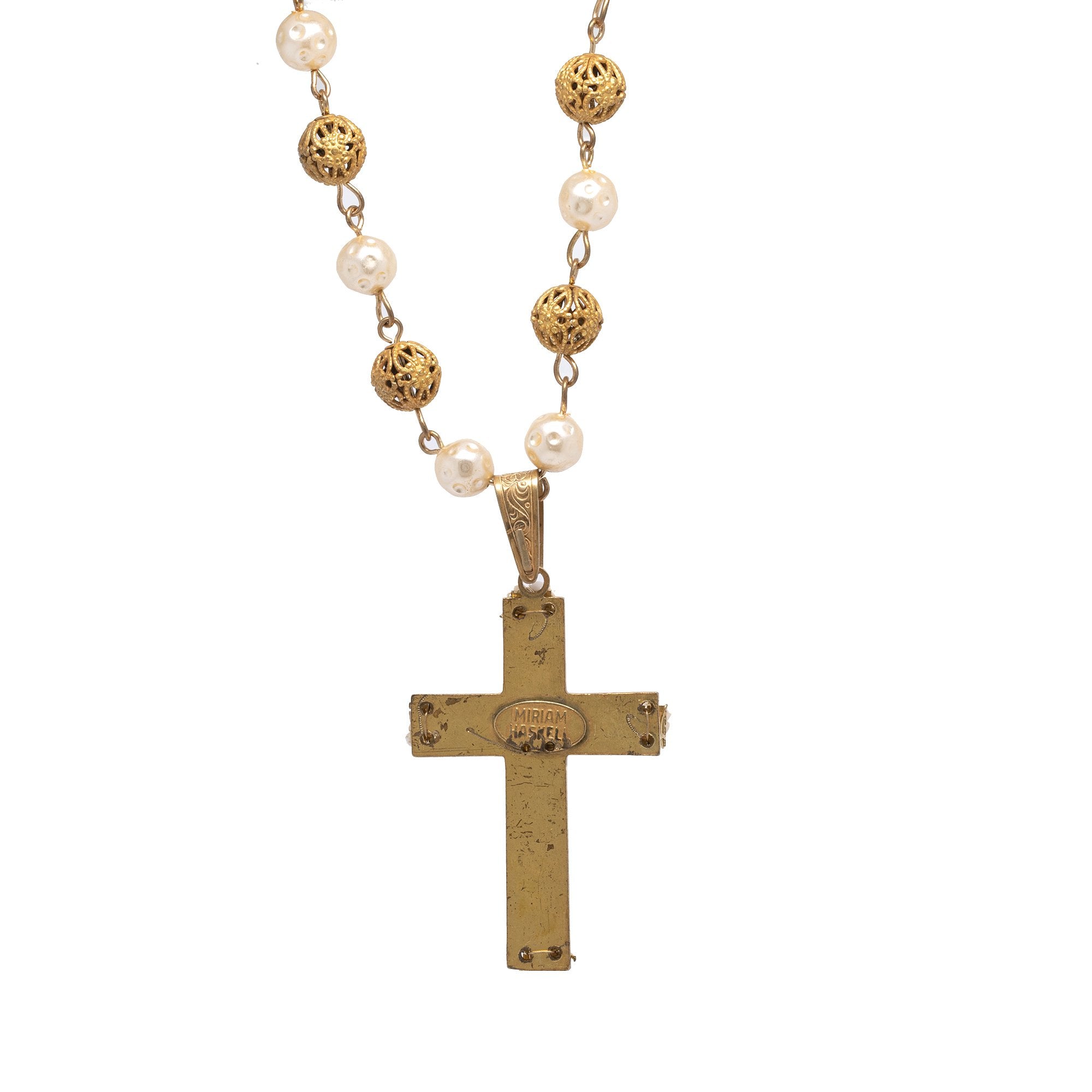 Miriam Haskell Vintage Antique Faux Pearl Cross Pendant Necklace