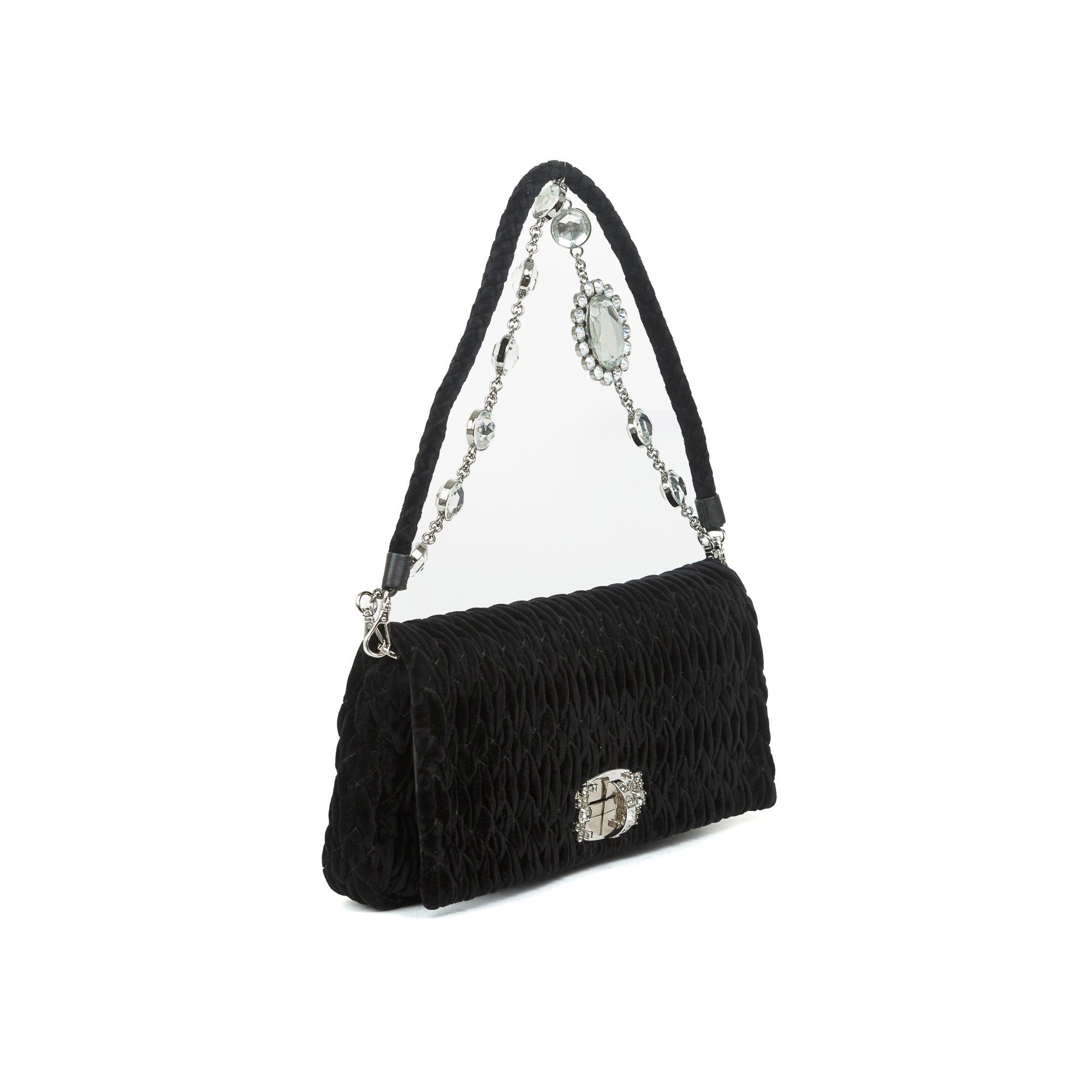Miu Miu Black Velvet Crystal Flap Shoulder Bag