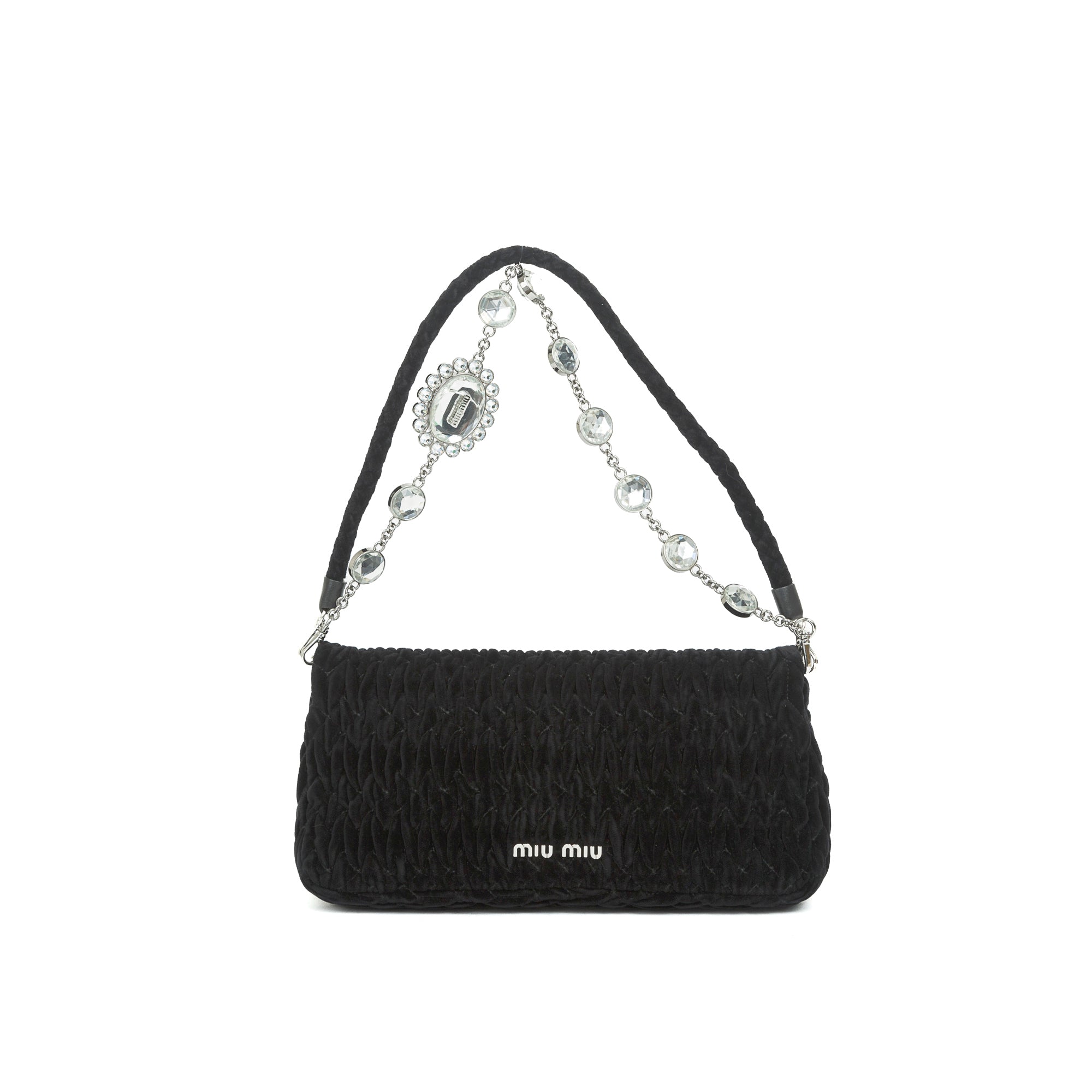 Miu Miu Black Velvet Crystal Flap Shoulder Bag