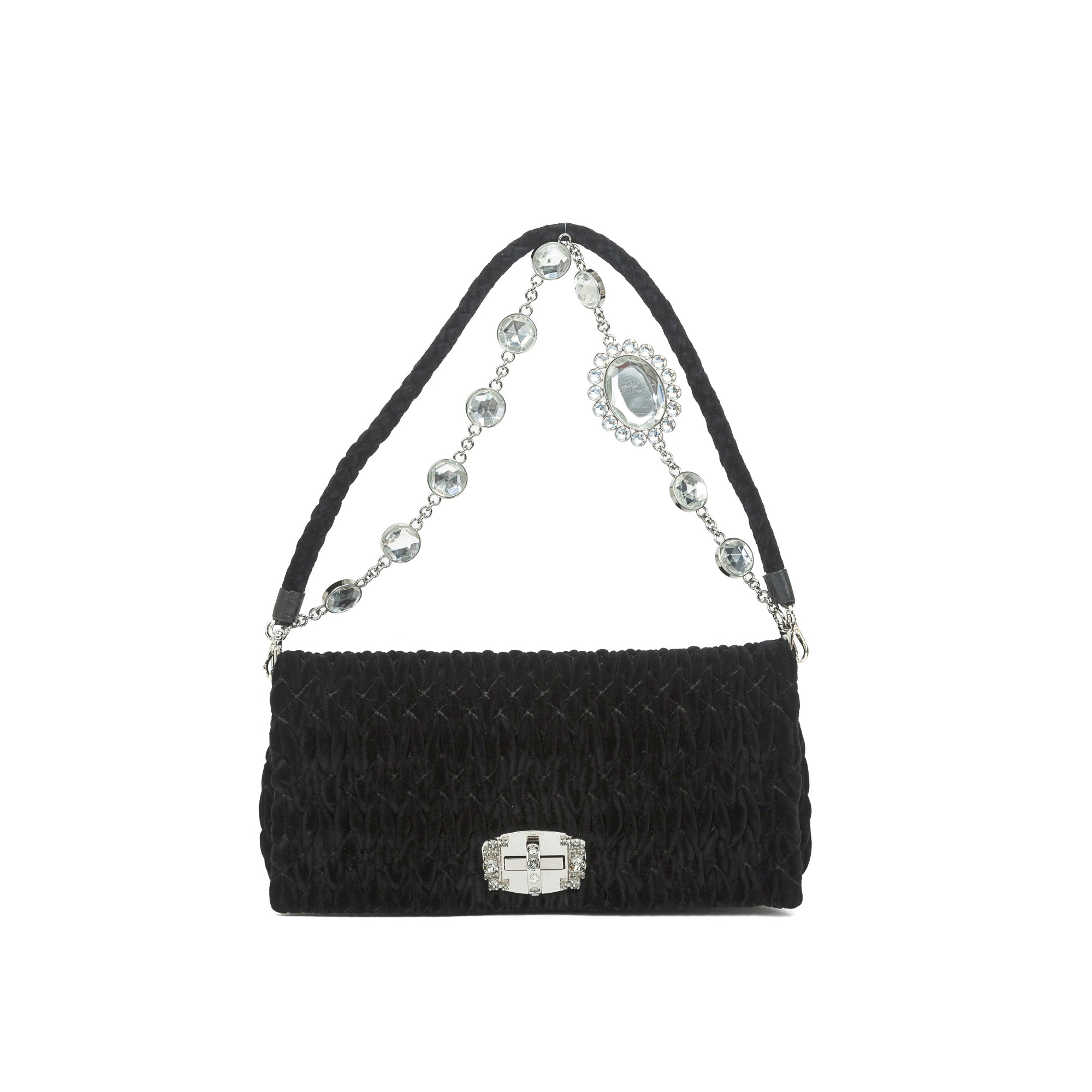Miu Miu Black Velvet Crystal Flap Shoulder Bag