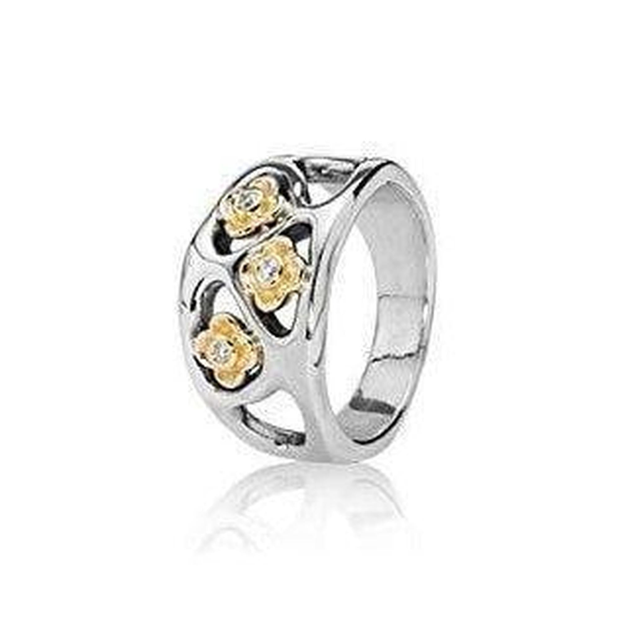 Pandora 2-Tone Flowers Ring with Diamonds, Size 7 1/2