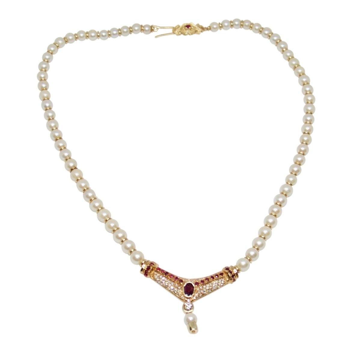 Pearl Necklace with Ruby and Diamond Pendant