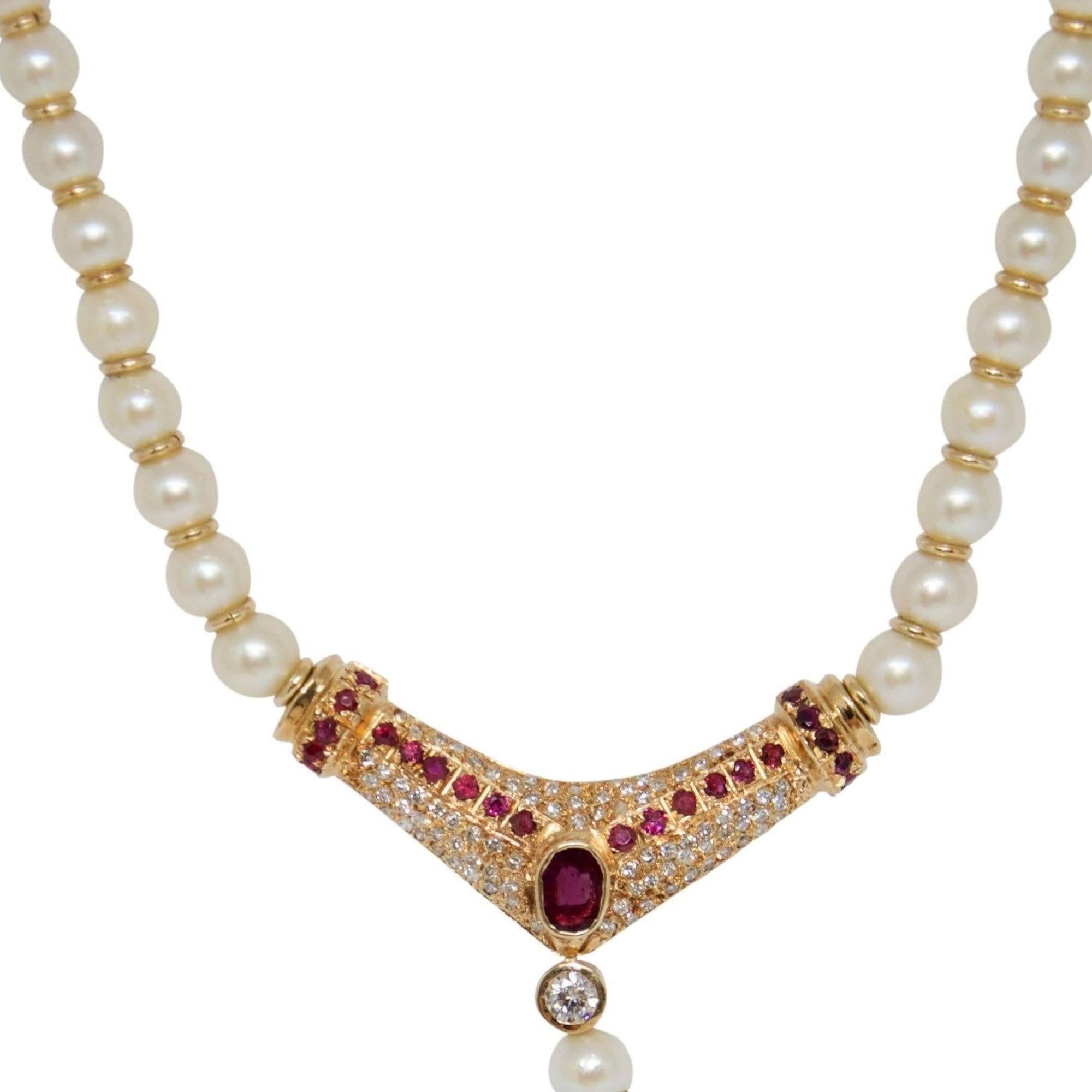 Pearl Necklace with Ruby and Diamond Pendant