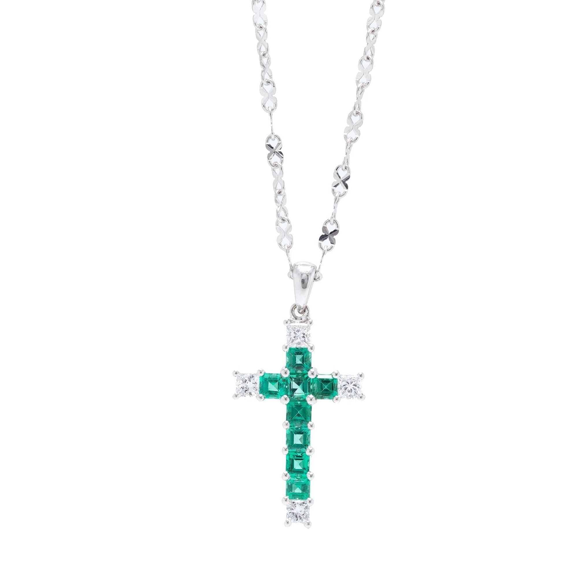 Platinum-18k White Gold Emerald & Diamond Cross Pendant Necklace