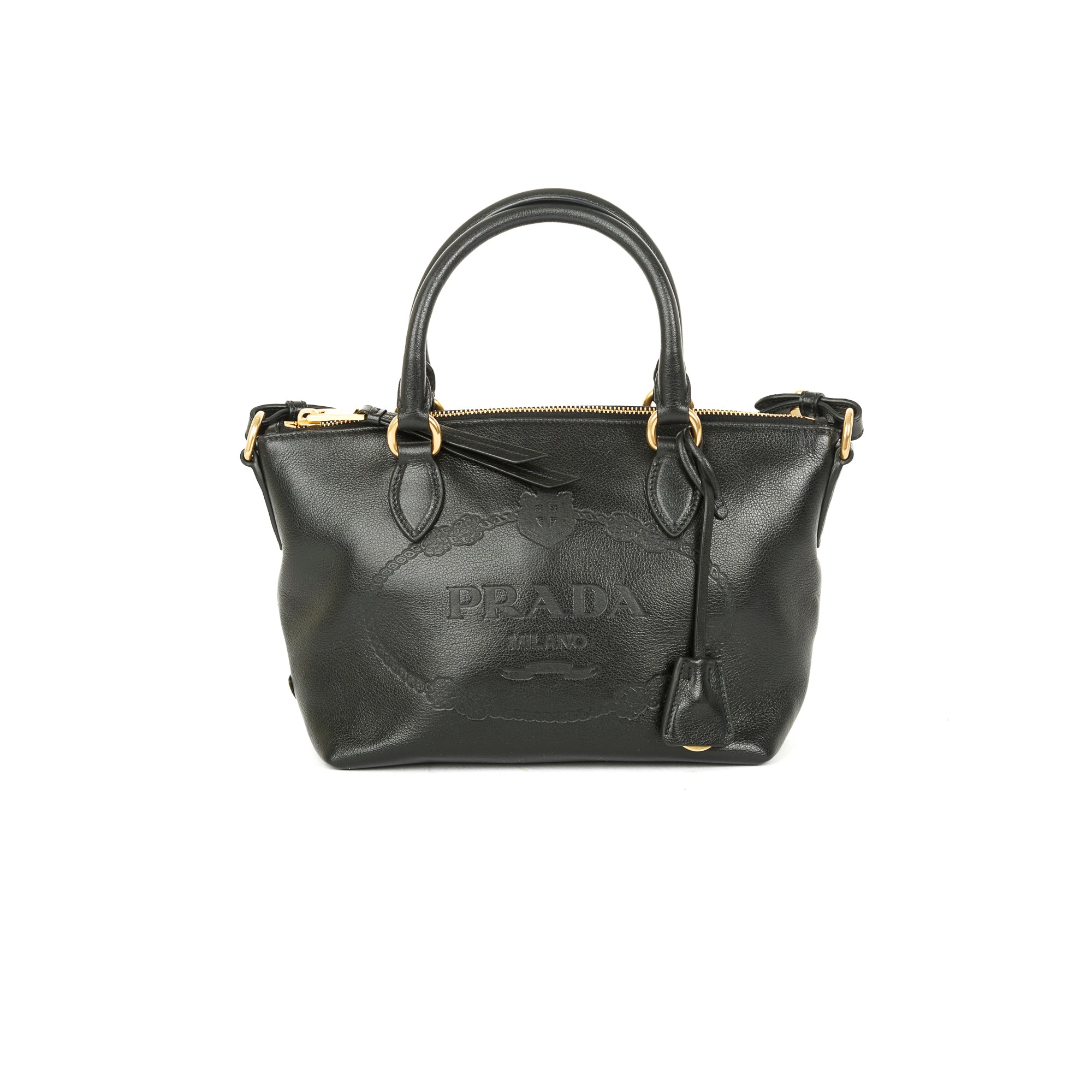 Prada Black Glace Calf Embossed Logo Tote w/ Strap