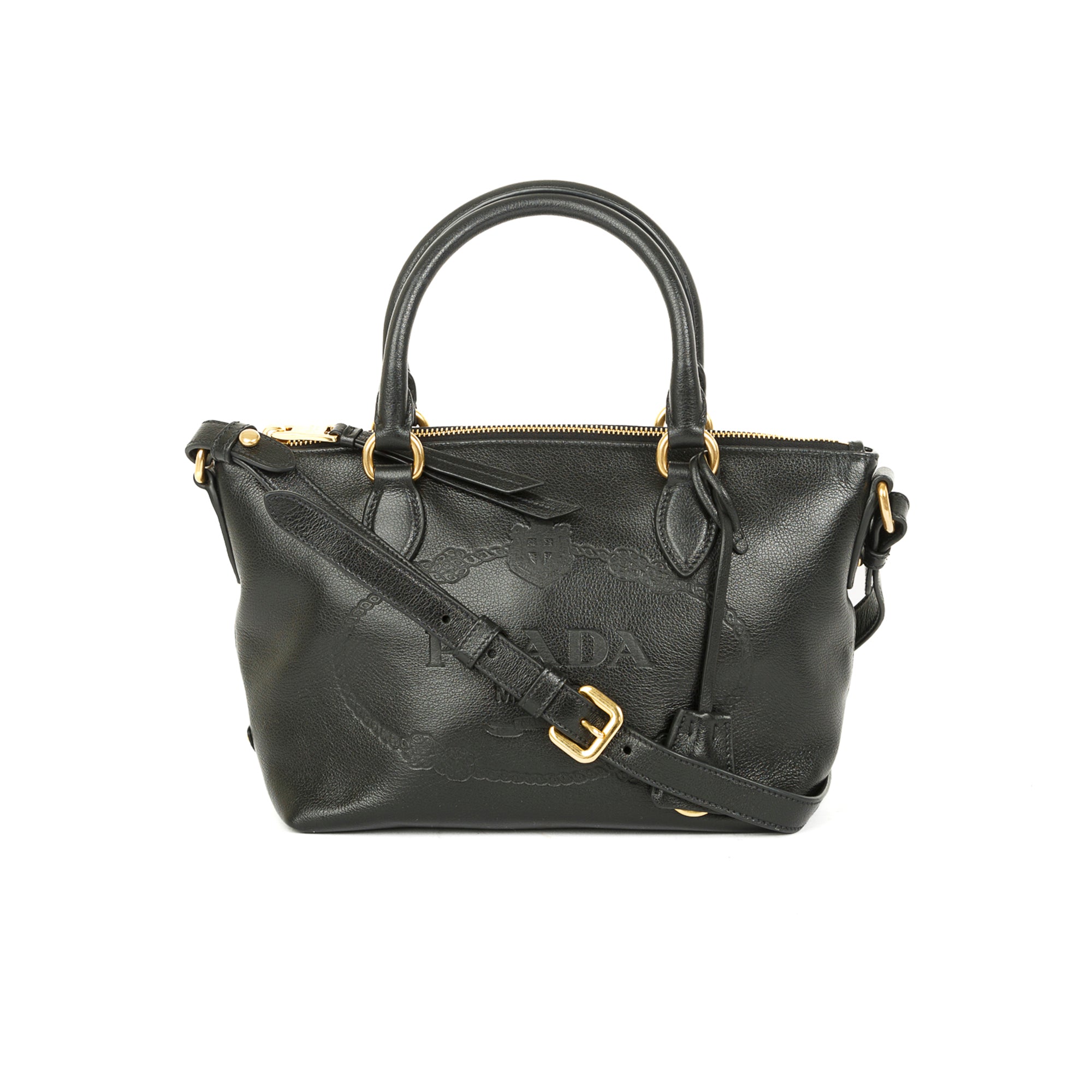 Prada Black Glace Calf Embossed Logo Tote w/ Strap