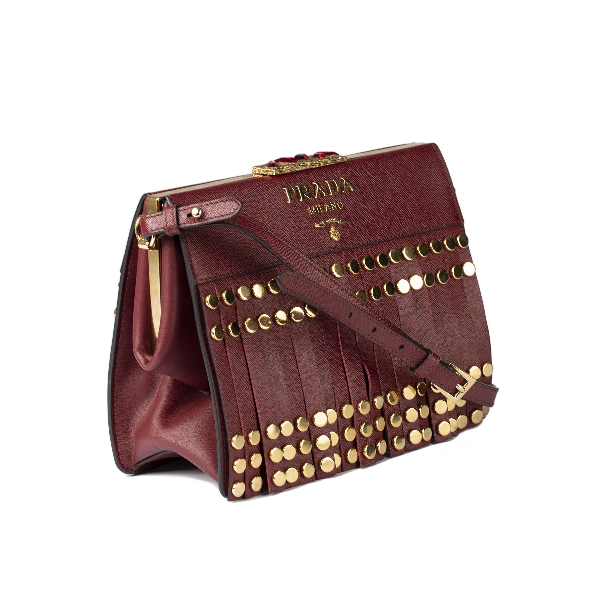 Prada Cerise Saffiano Lux Studded Idol Shoulder Bag