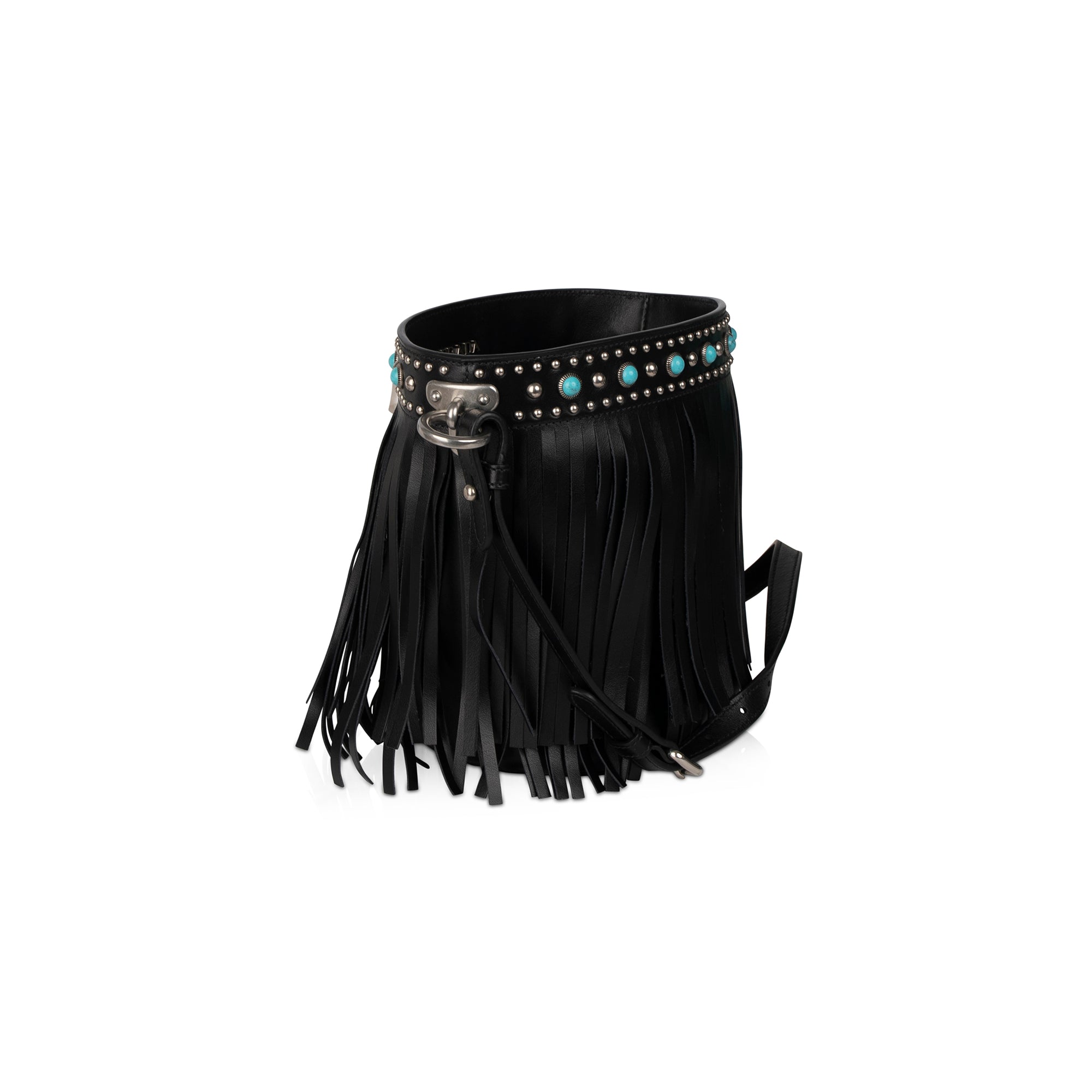 Prada Fringe Embellished City Calf Folk Bucket Bag