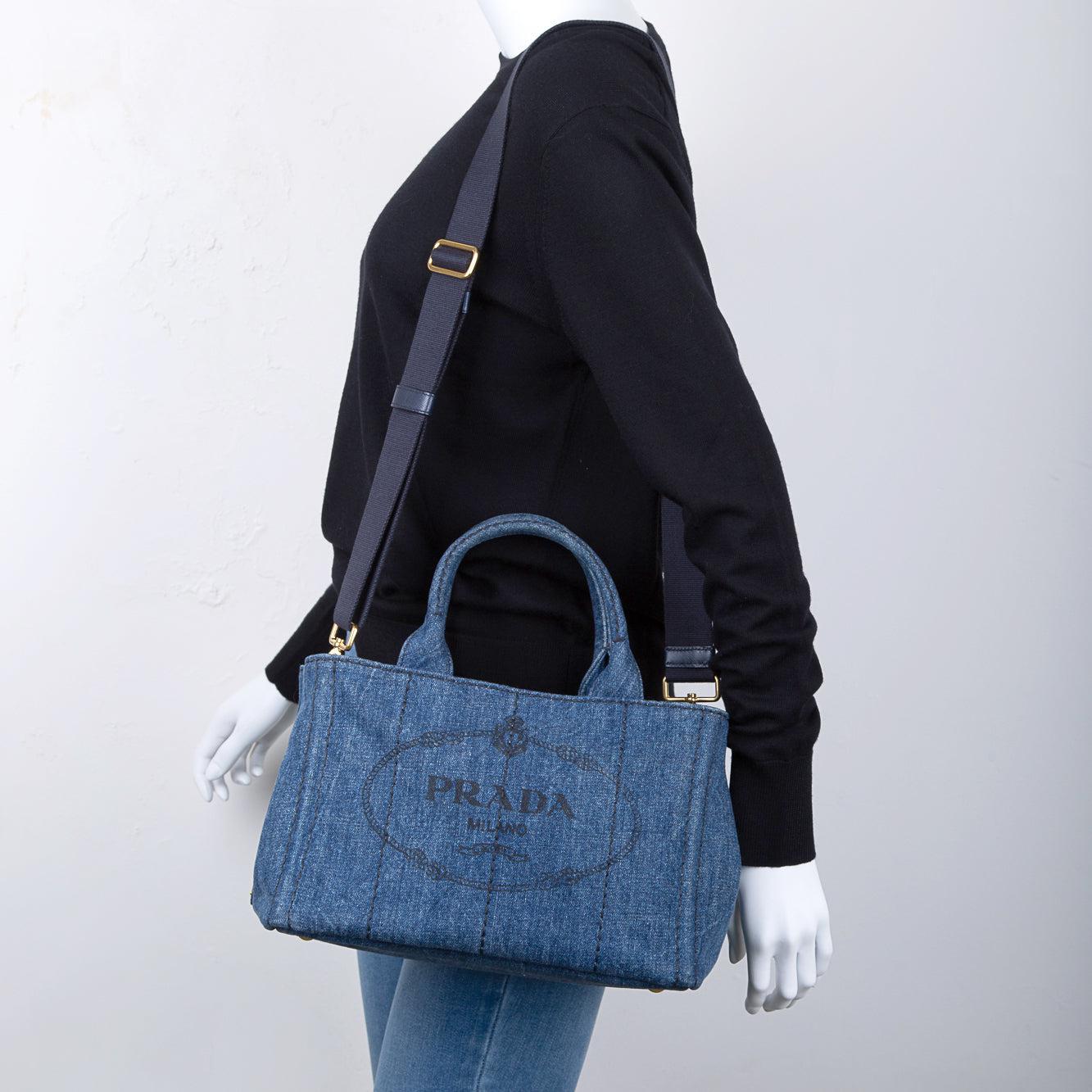 Prada Small Denim Canapa Logo Tote w/ Strap & Authenticity Card