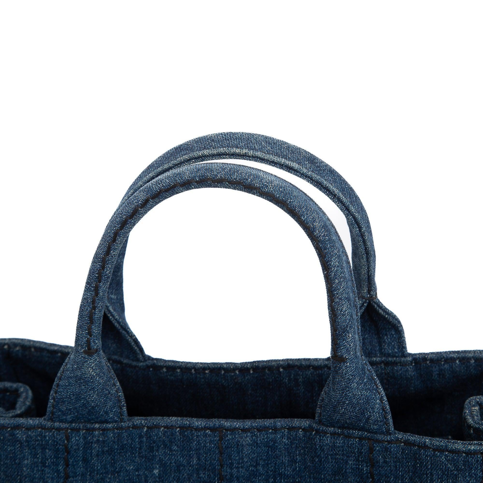 Prada Small Denim Canapa Logo Tote w/ Strap & Authenticity Card