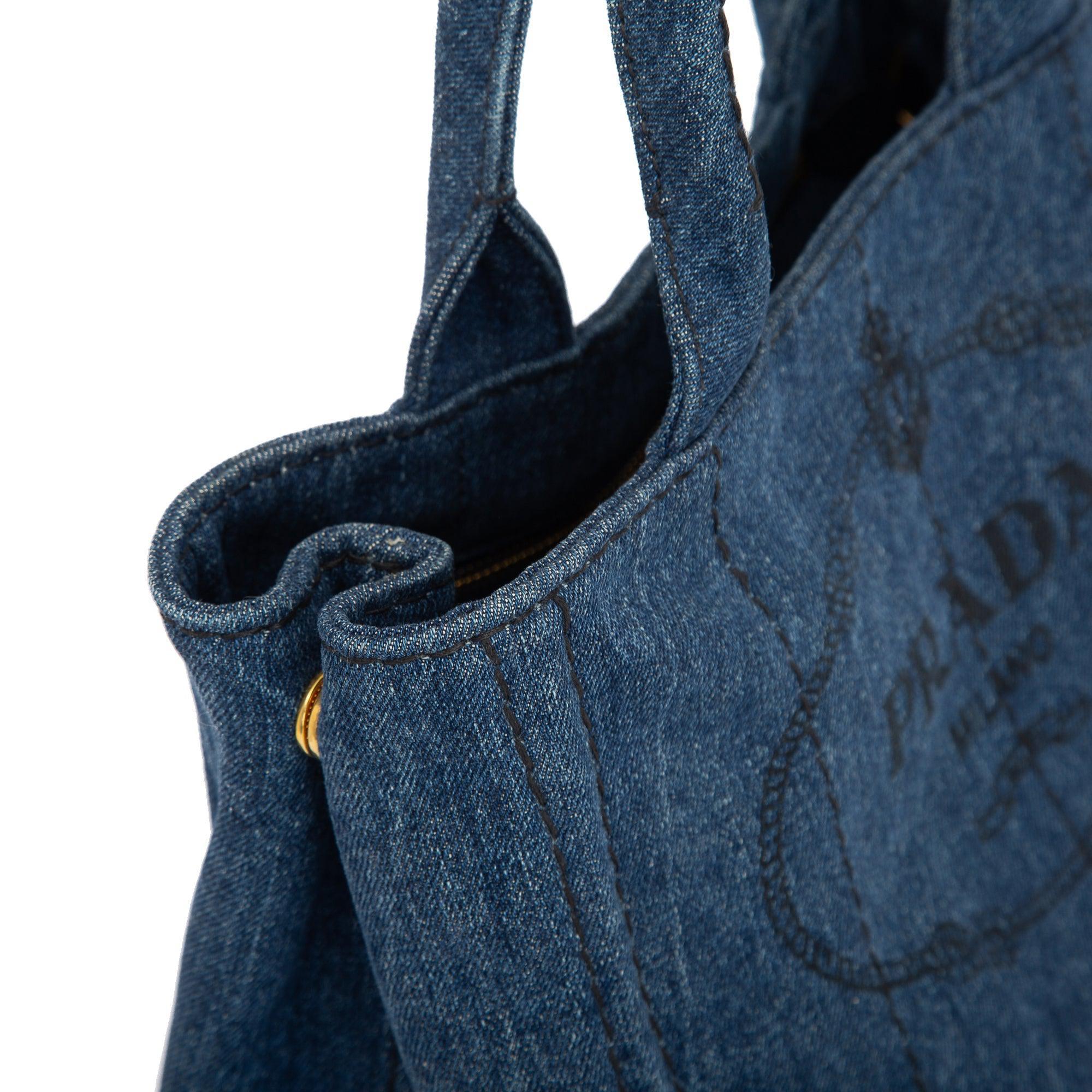 Prada Small Denim Canapa Logo Tote w/ Strap & Authenticity Card