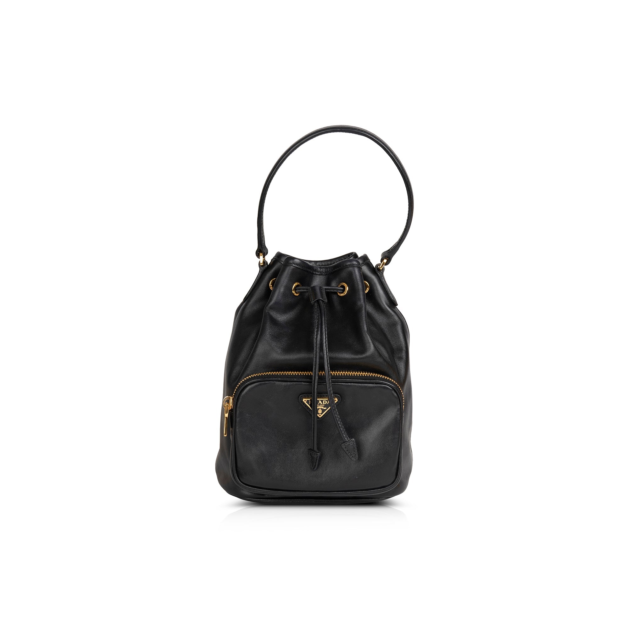 Prada Small Leather Drawstring Bucket Bag w/ Crossbody Strap
