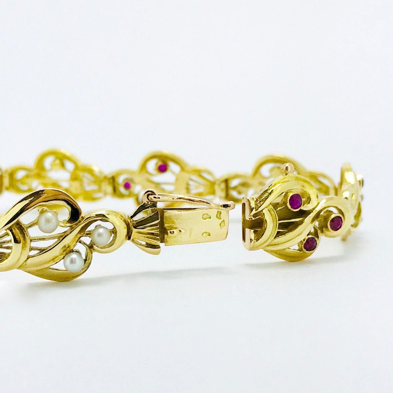 Retro Ruby and Seed Pearl Link Bracelet