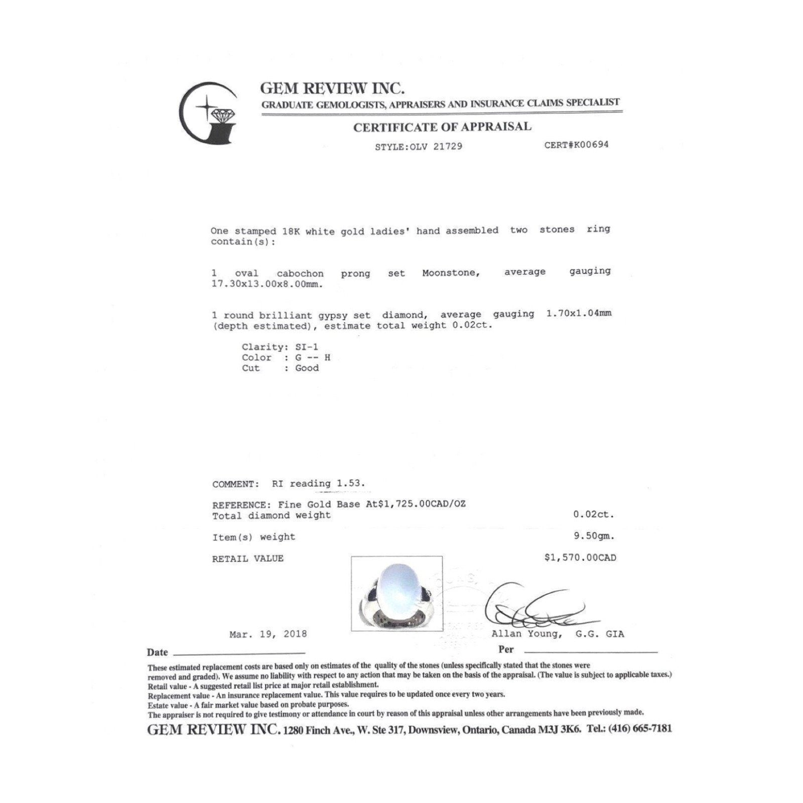 Roberto Coin Moonstone and Diamond Ring in 18 Karat White Gold