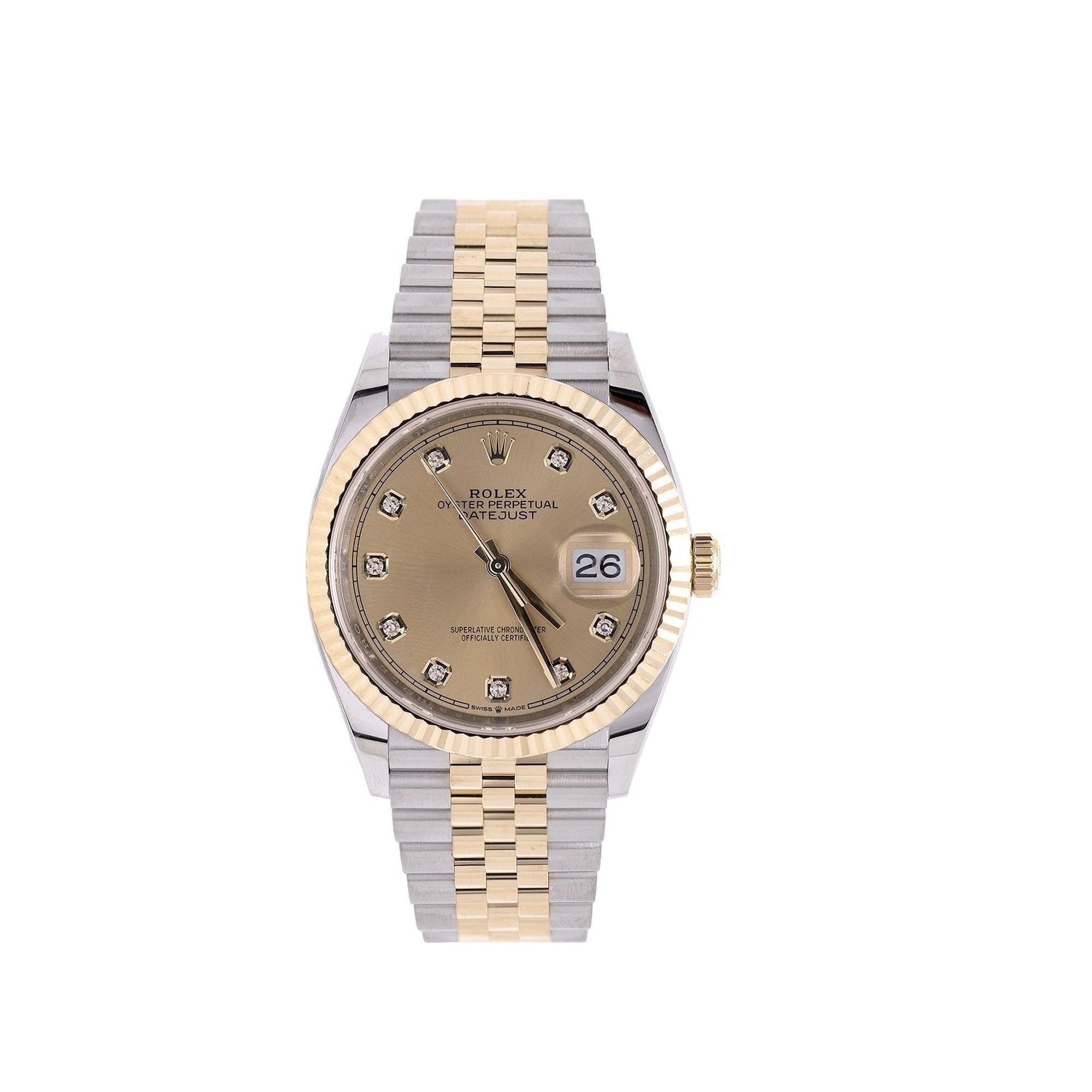 Rolex 2021 Two-Tone Datejust 36 mm Watch w/ Diamond Dial & Box & Papers