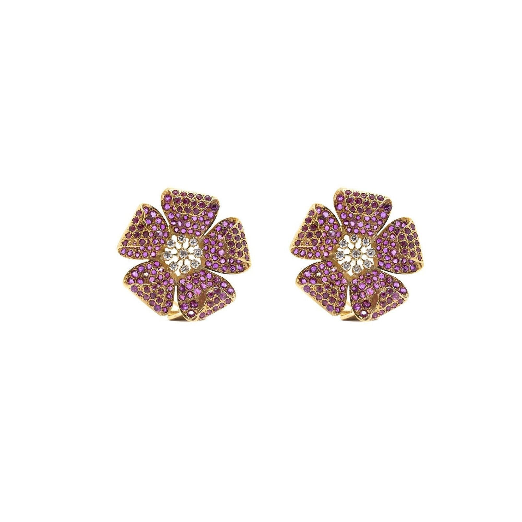 Ruby and Diamond Flower Earrings