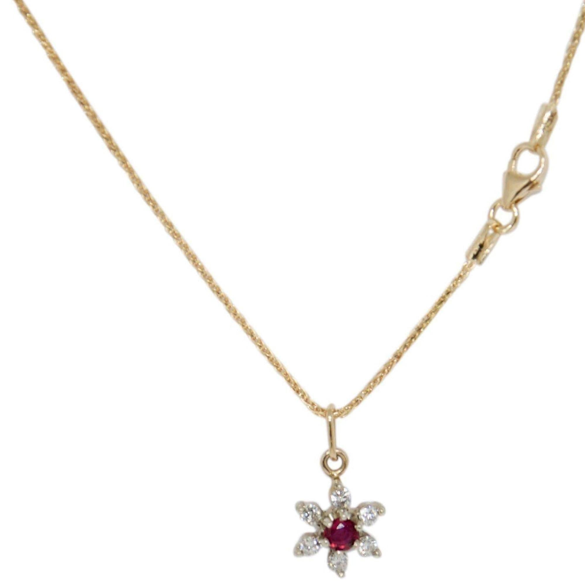 Ruby and Diamond Flower Pendant Necklace