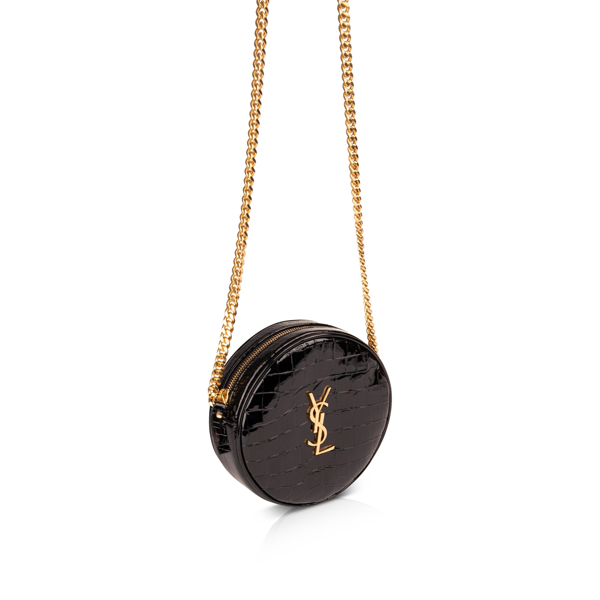 Saint Laurent Croc Embossed Patent Leather Round Monogram Camera Bag w/ Box