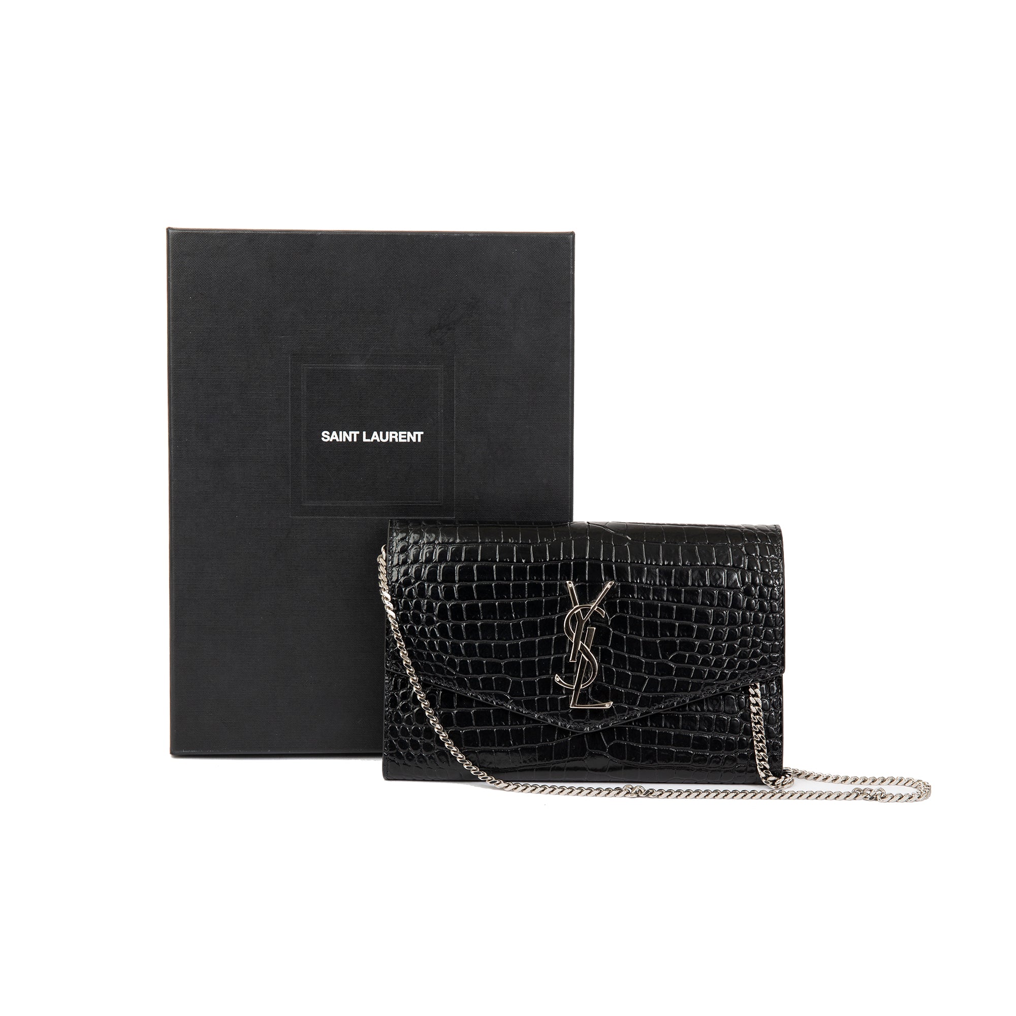 Saint Laurent Crocodile-Embossed Uptown Chain Wallet w/ Box
