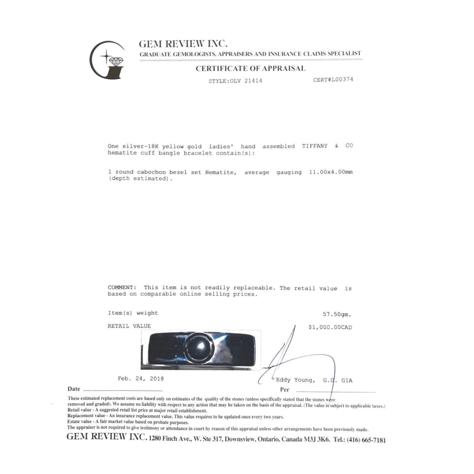 Tiffany & Co Hematite Cuff Bangle Bracelet in Sterling Silver and 18K Yellow Gold