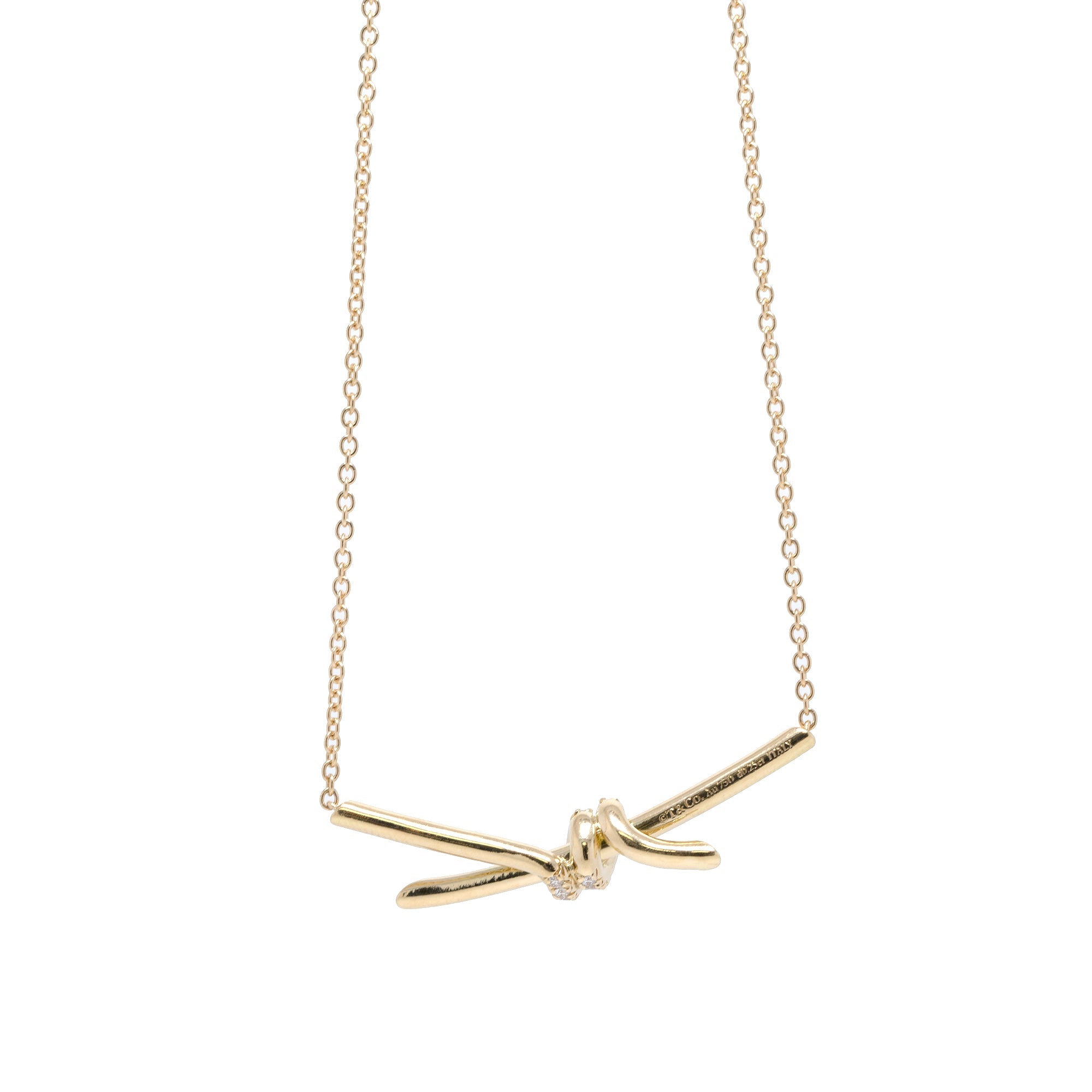 Tiffany & Co. 18k Gold Diamond Knot Pendant Necklace w/ Box