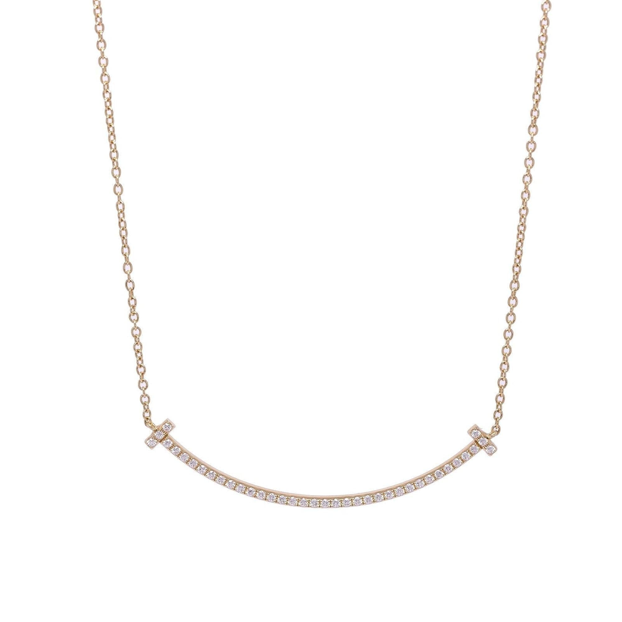 Tiffany & Co. 18k Gold Diamond T Smile Pendant Necklace