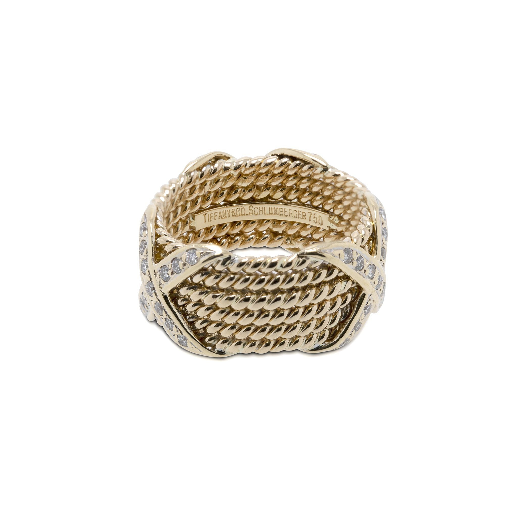 Tiffany & Co. 18k Gold Schlumberger Rope Six-Row Diamond "X" Ring