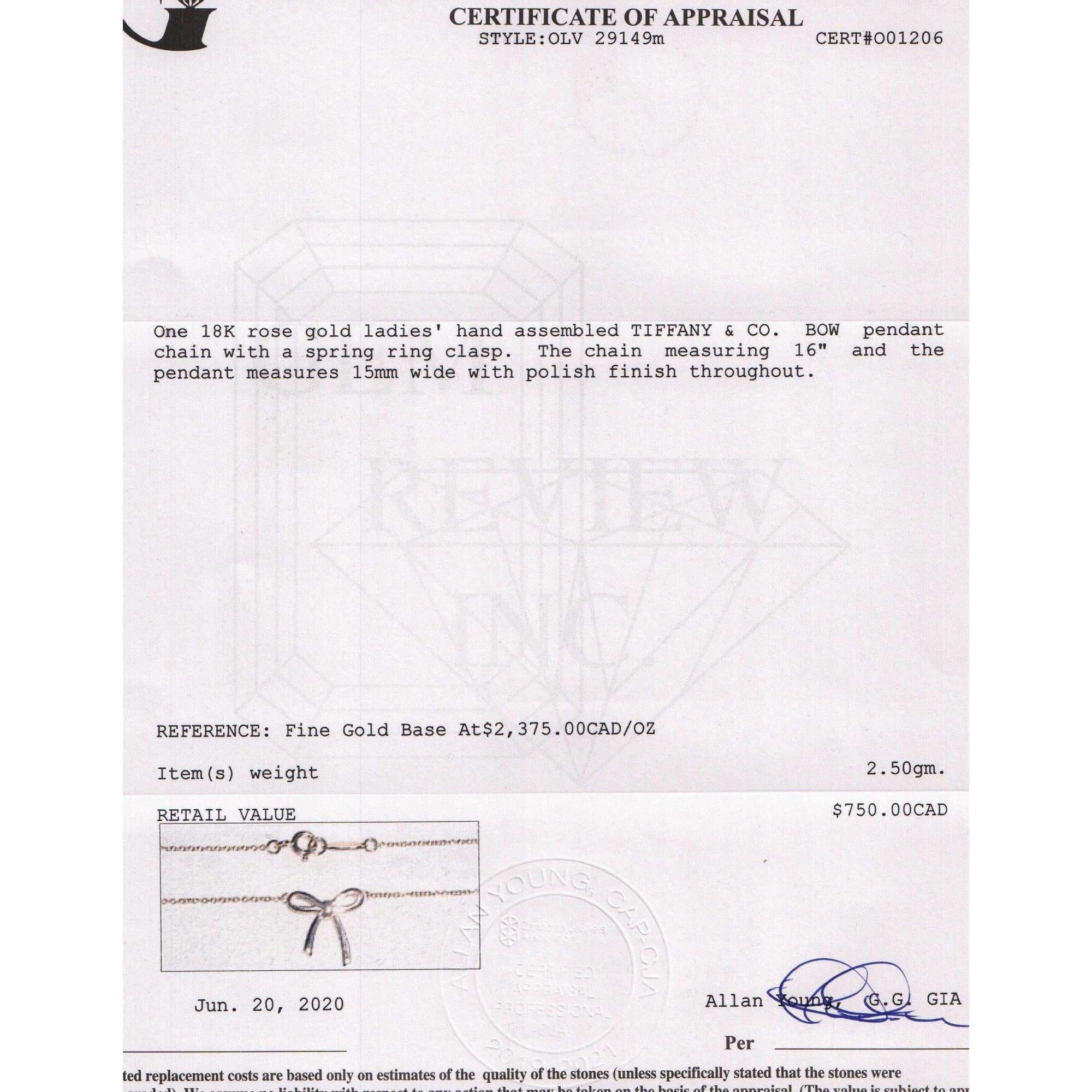 Tiffany & Co. 18k Rose Gold Mini Bow Pendant Necklace