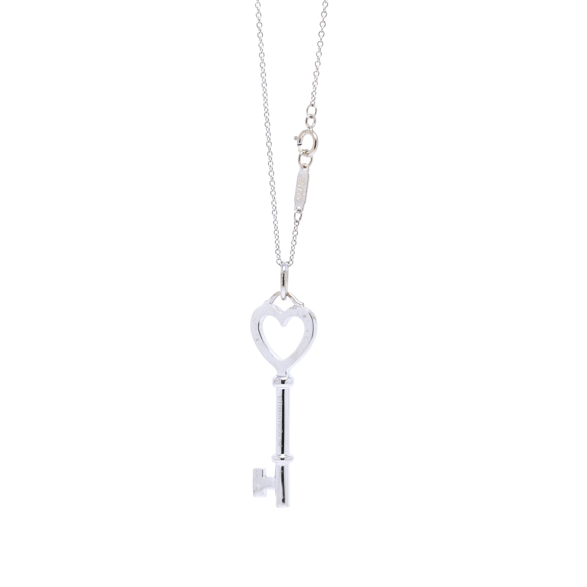 Tiffany & Co. 18k White Gold Diamond Heart Key Pendant Necklace