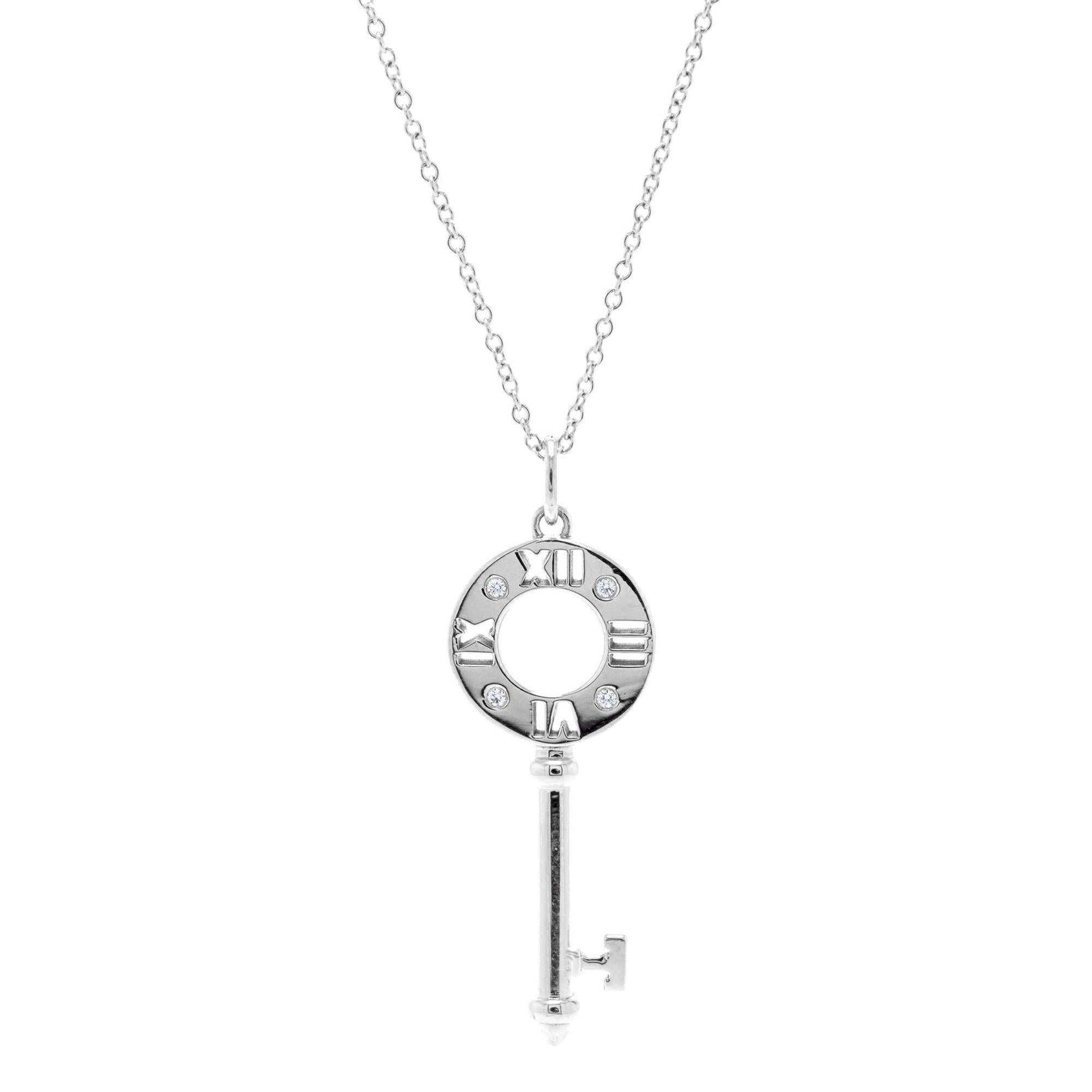 Tiffany & Co. 18k White Gold Diamond Pierced Atlas Key Pendant Necklace w/ Box