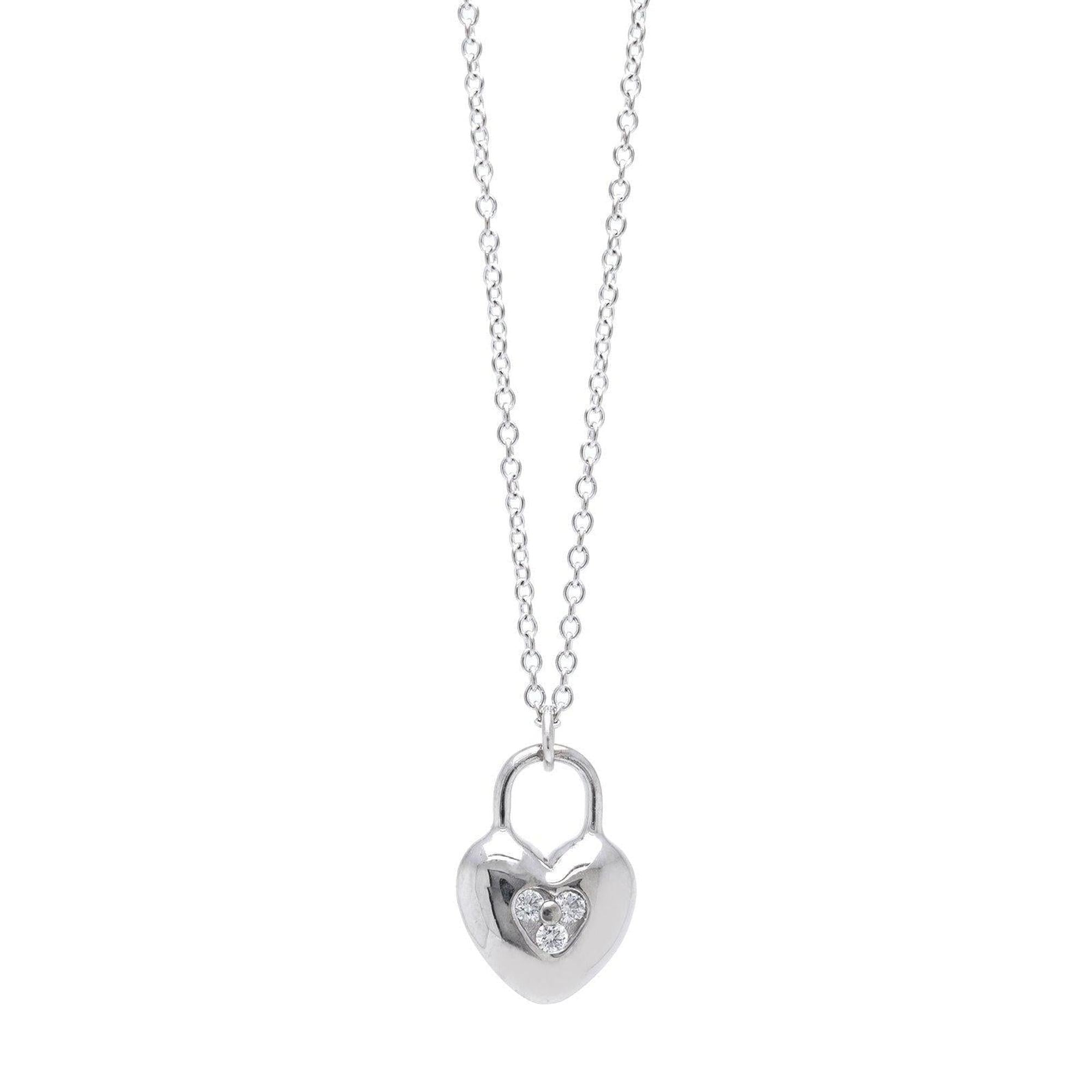 Tiffany & Co. 18k White Gold Mini Heart Lock Diamond Pendant Necklace