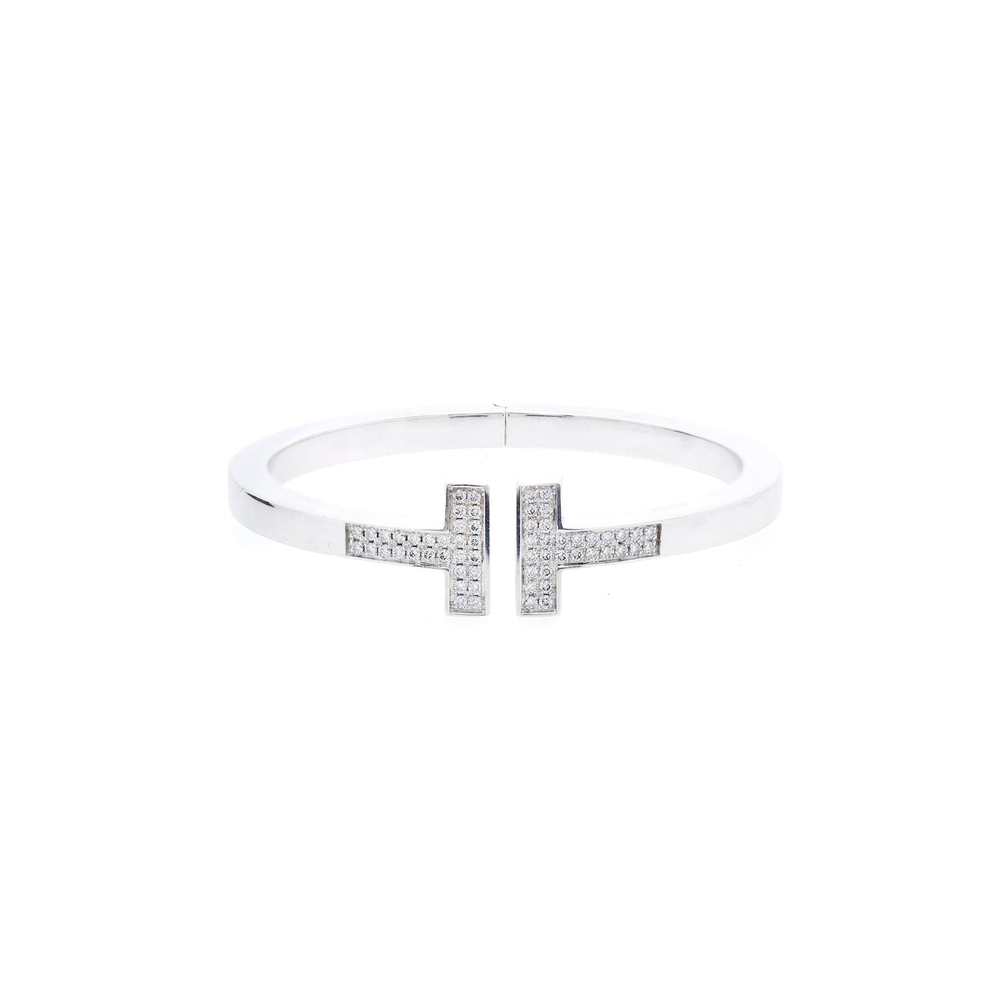 Tiffany & Co. 18k White Gold Pave Diamond T Square Bracelet w/ Box