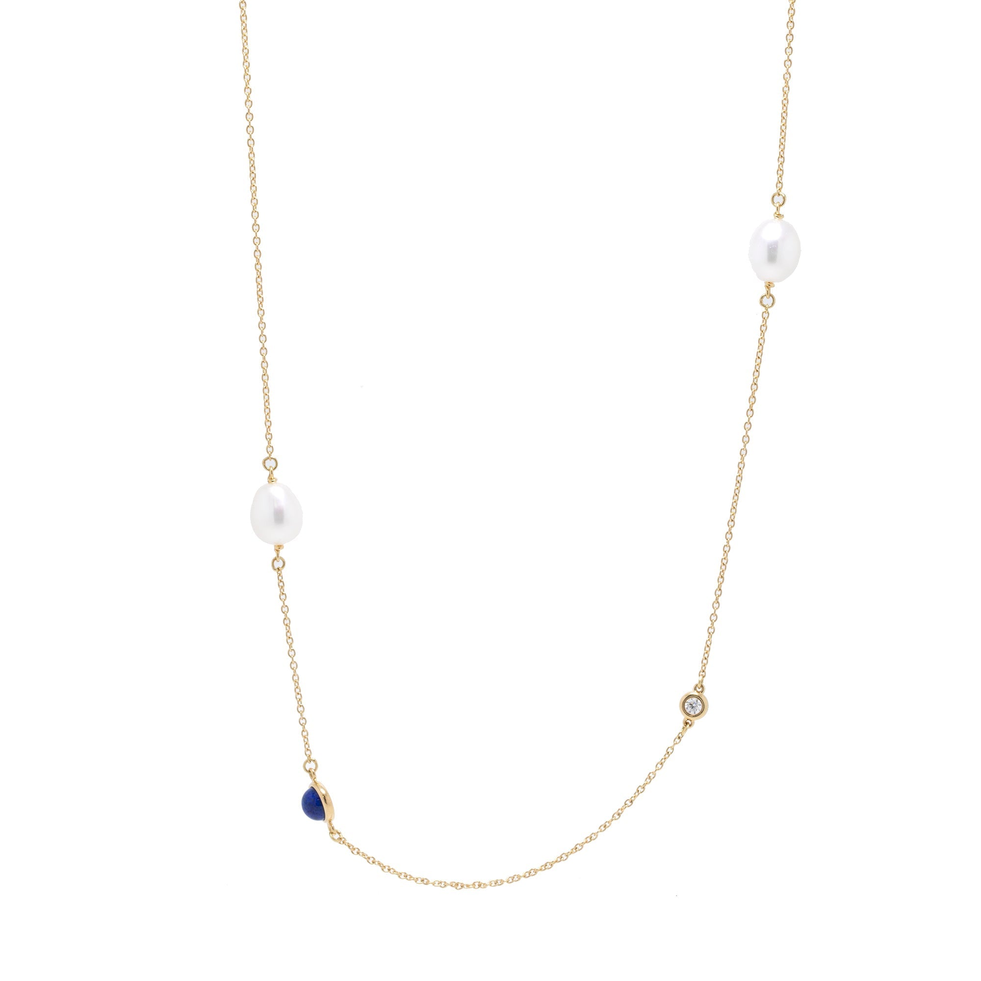 Tiffany & Co. Elsa Peretti 18k Gold Diamond, Pearl & Lapis Color by the Yard Sprinkle Necklace w/ Box