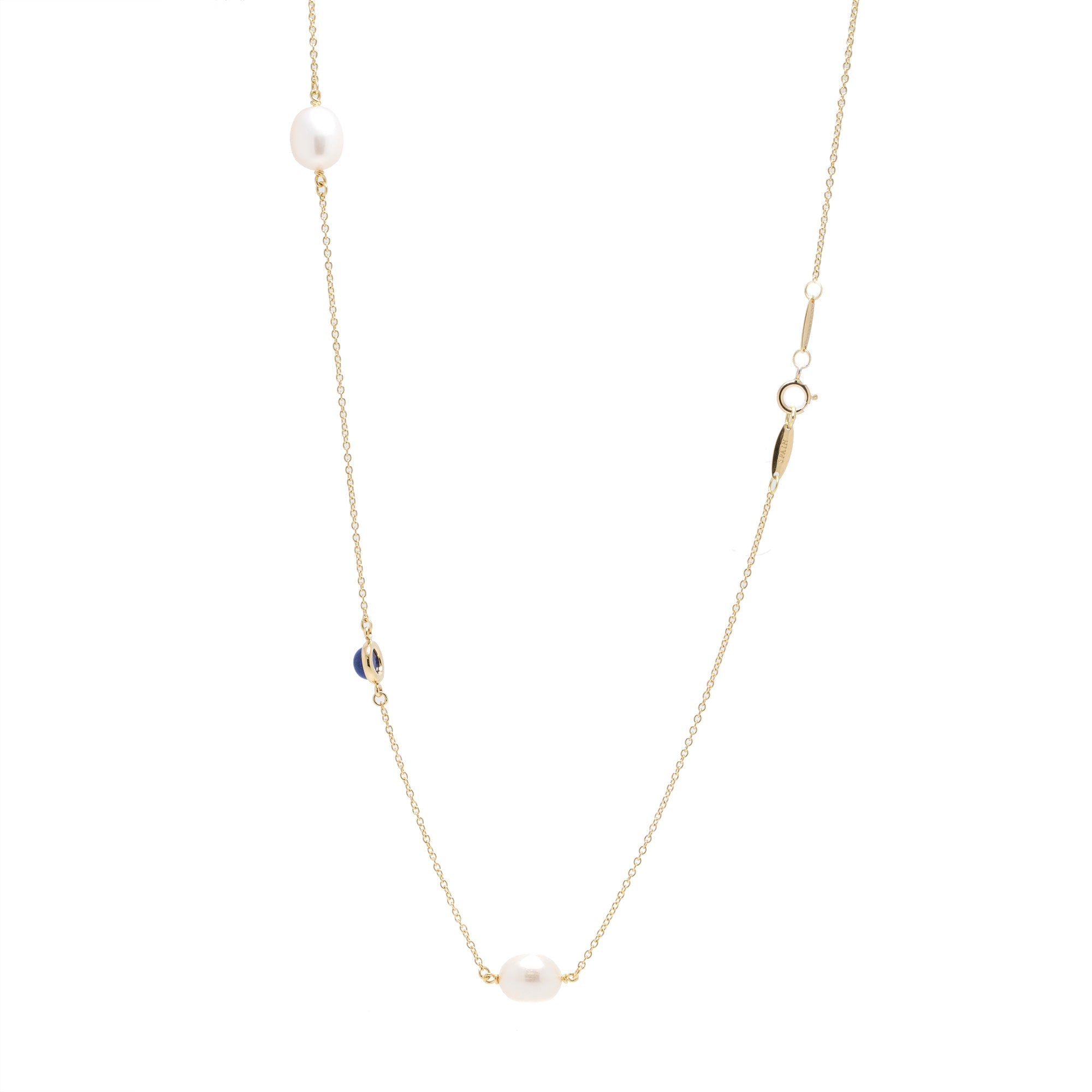 Tiffany & Co. Elsa Peretti 18k Gold Diamond, Pearl & Lapis Color by the Yard Sprinkle Necklace w/ Box