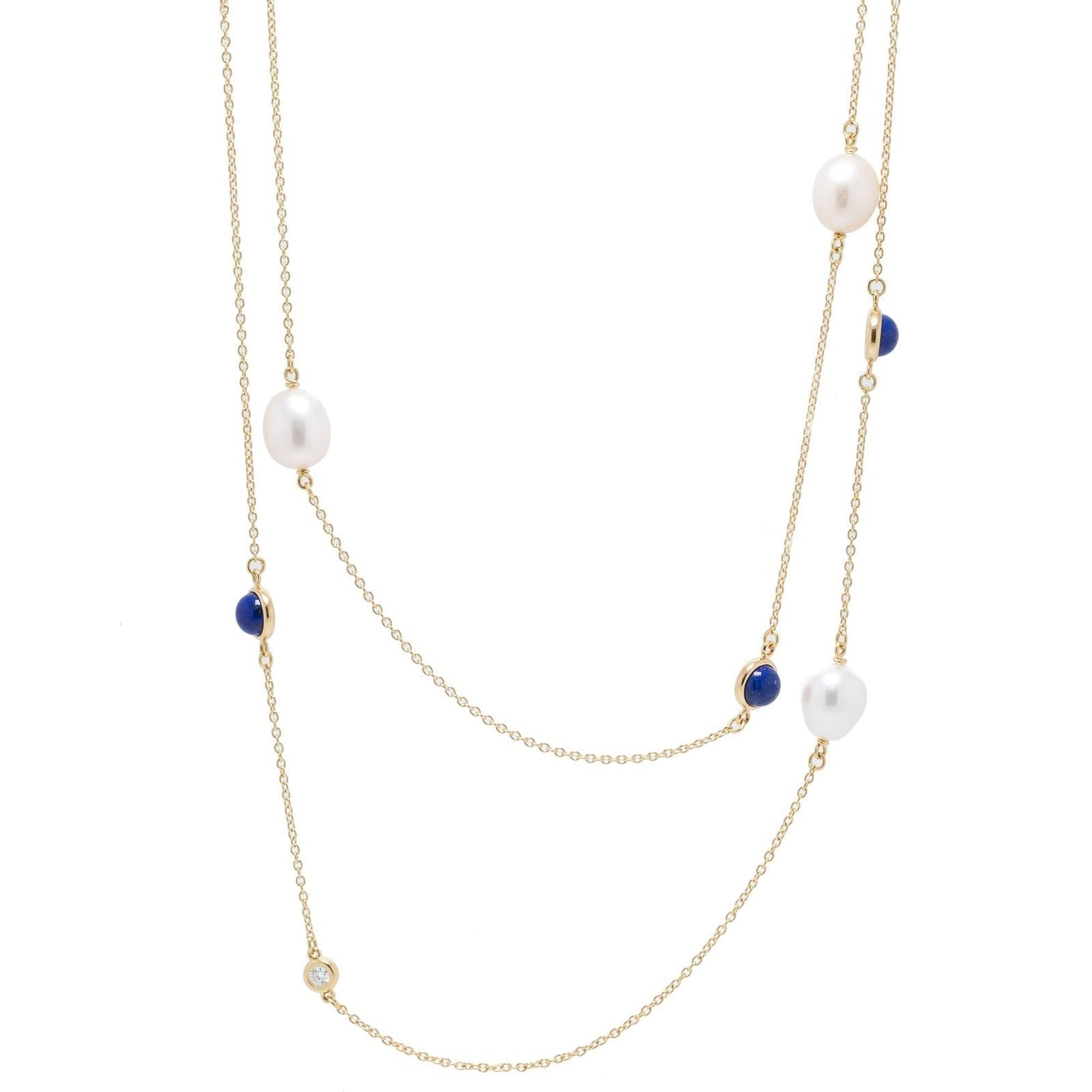 Tiffany & Co. Elsa Peretti 18k Gold Diamond, Pearl & Lapis Color by the Yard Sprinkle Necklace w/ Box