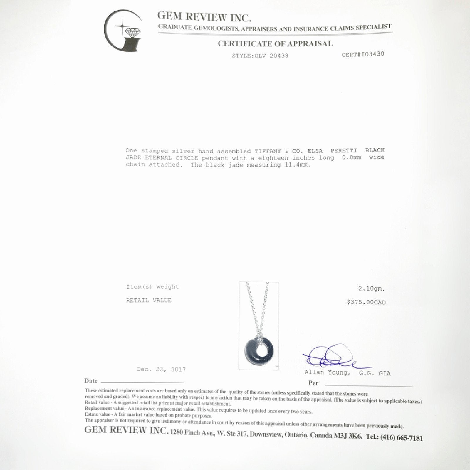 Tiffany & Co. Elsa Peretti Black Jade Eternal Circle Pendant Necklace