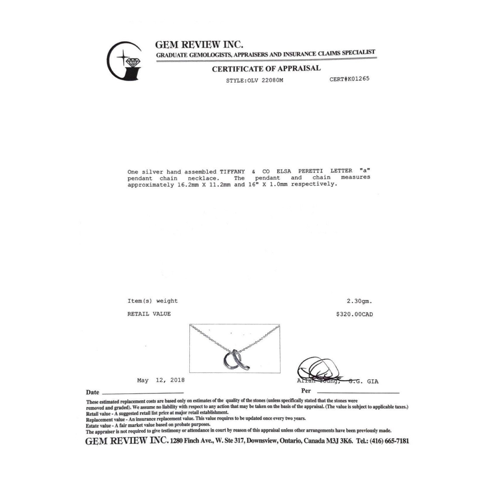 Tiffany & Co. Elsa Peretti Letter "A" Pendant Necklace