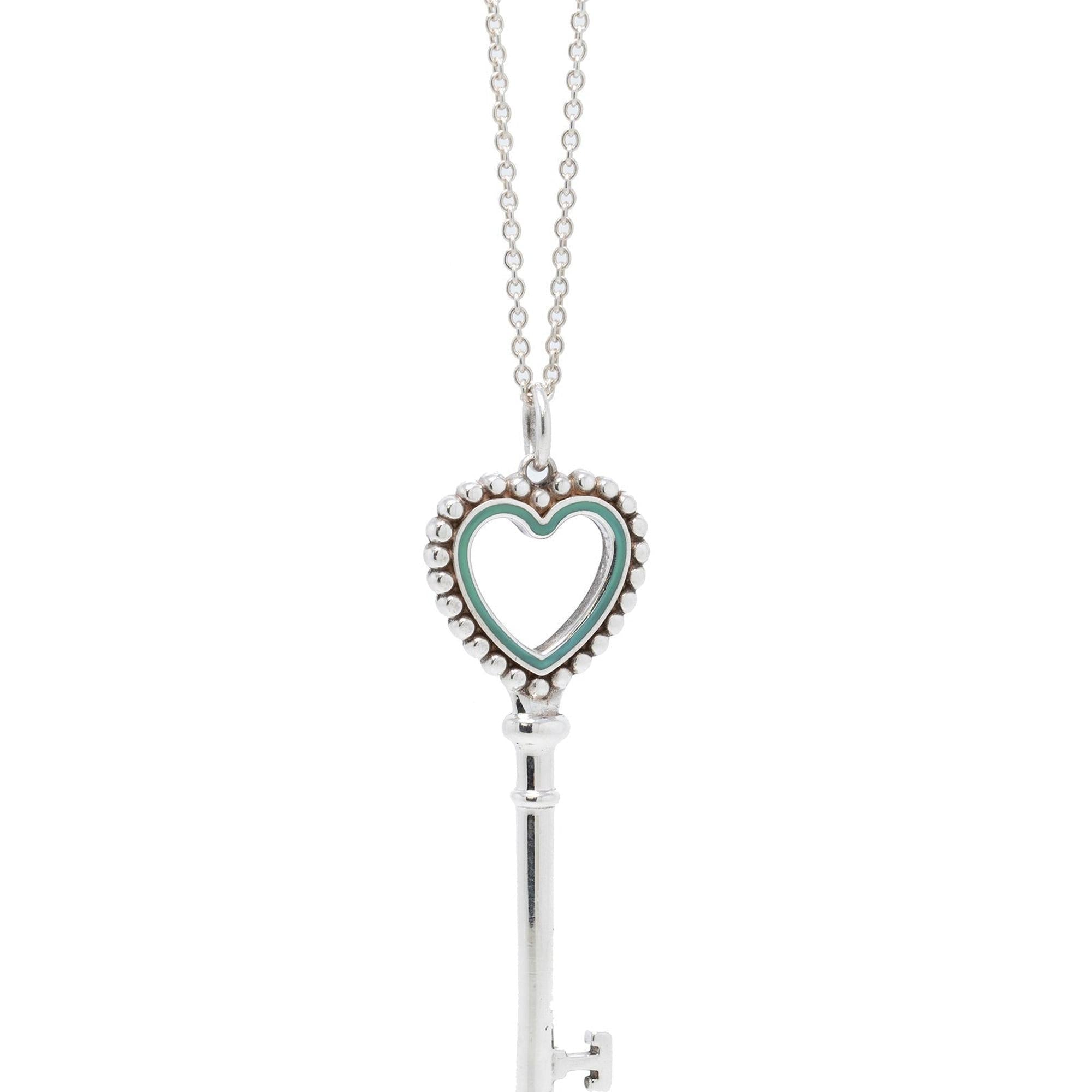 Tiffany & Co. Large Beaded Heart Key Pendant Necklace with Blue Enamel