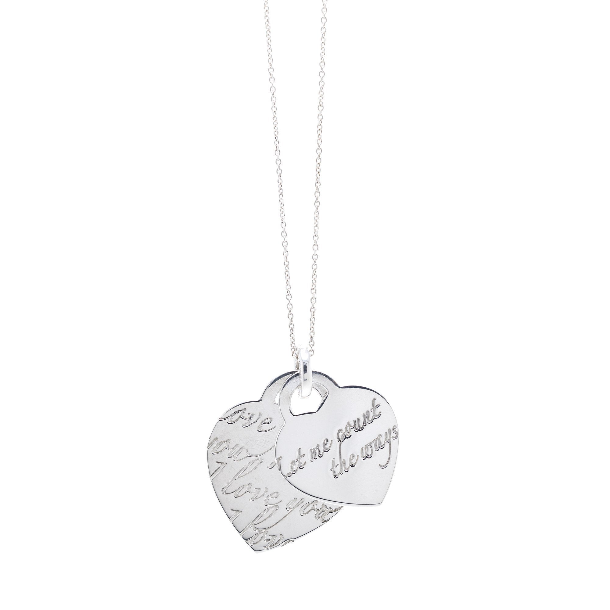 Tiffany & Co. Notes 'I Love You' & 'Let me Count the Ways' Double Heart Tag Pendant Necklace