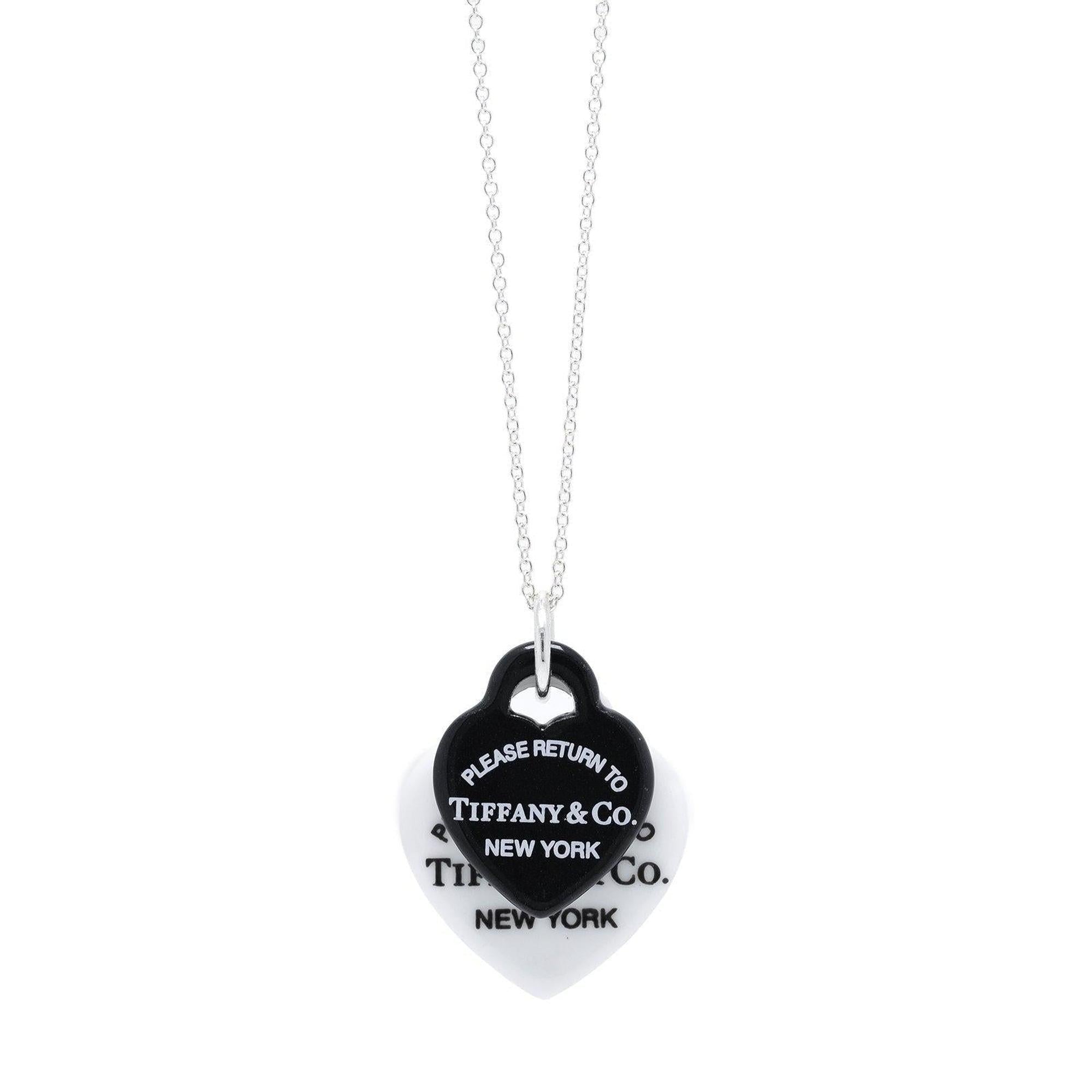 Tiffany & Co. Return to Tiffany Black & White Bone China Double Heart Tag Pendant Necklace