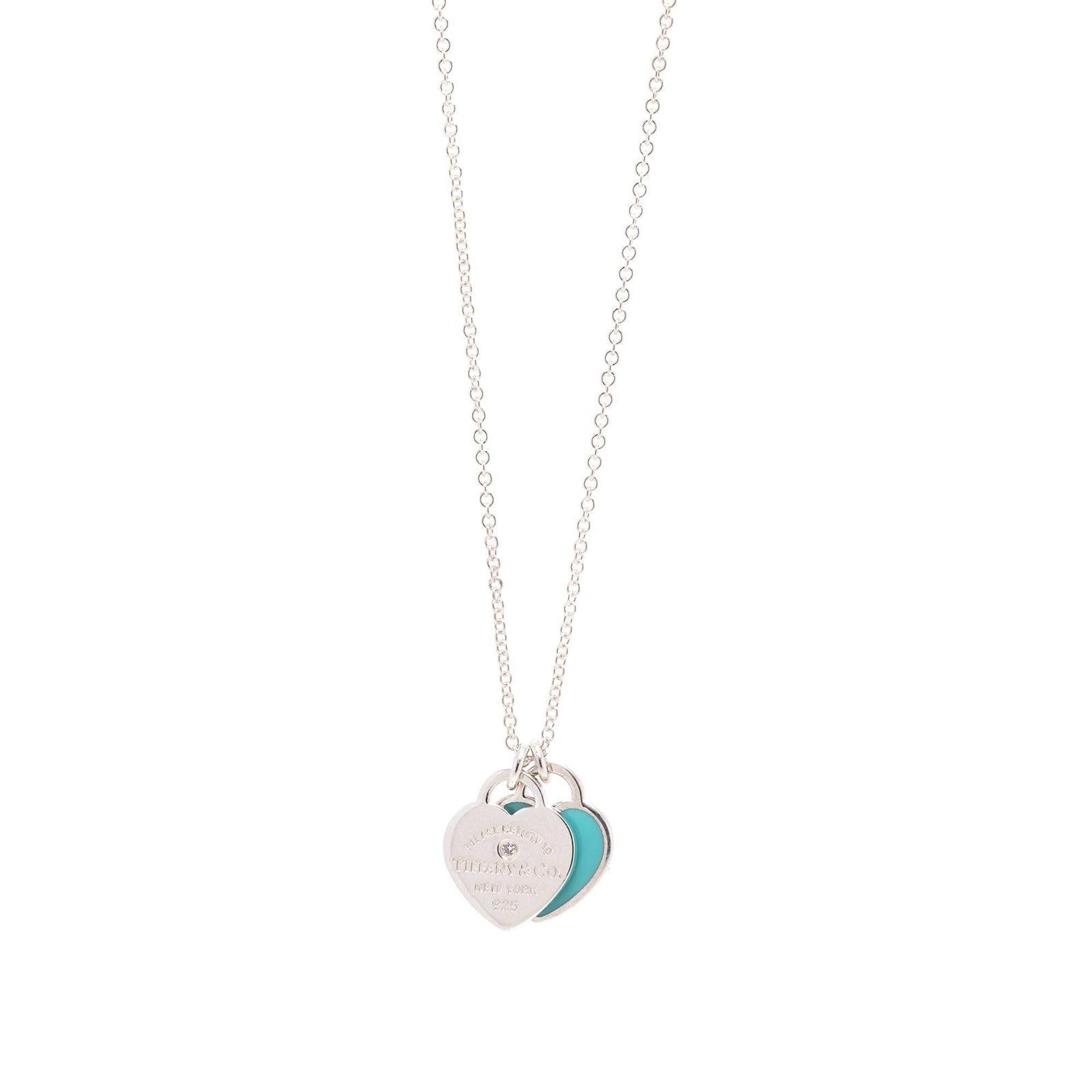 Tiffany & Co. Return to Tiffany Mini Double Heart Tag Pendant Necklace with Blue Enamel