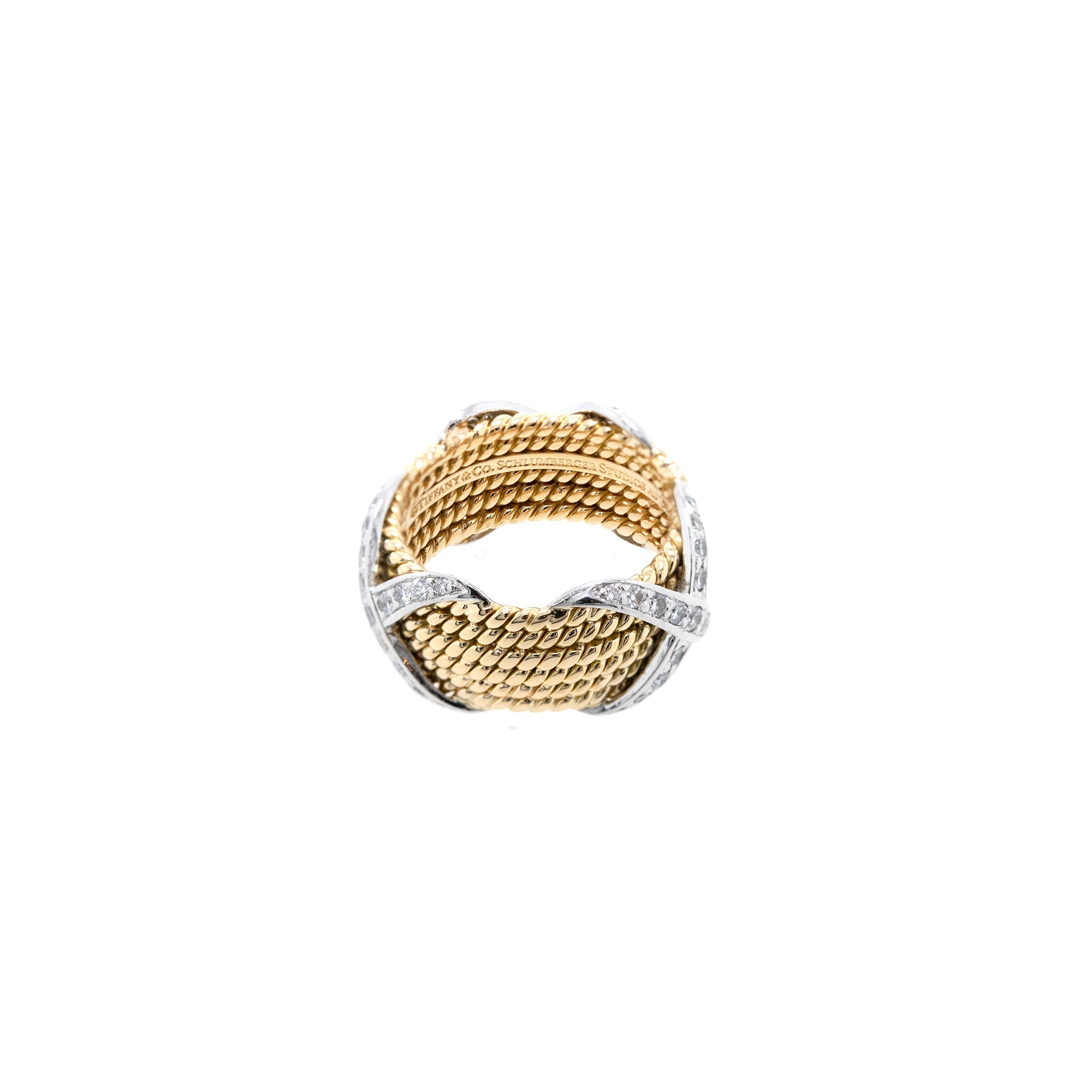 Tiffany & Co. Schlumberger 18k Gold & Platinum Rope Six-Row Diamond "X" Ring