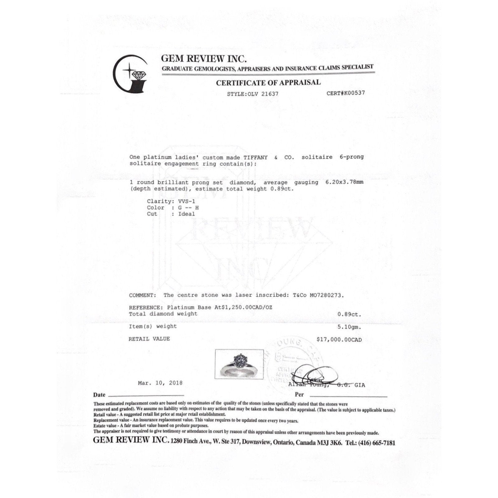 Tiffany & Co. Solitaire 0.89ct Round Diamond Engagement Ring